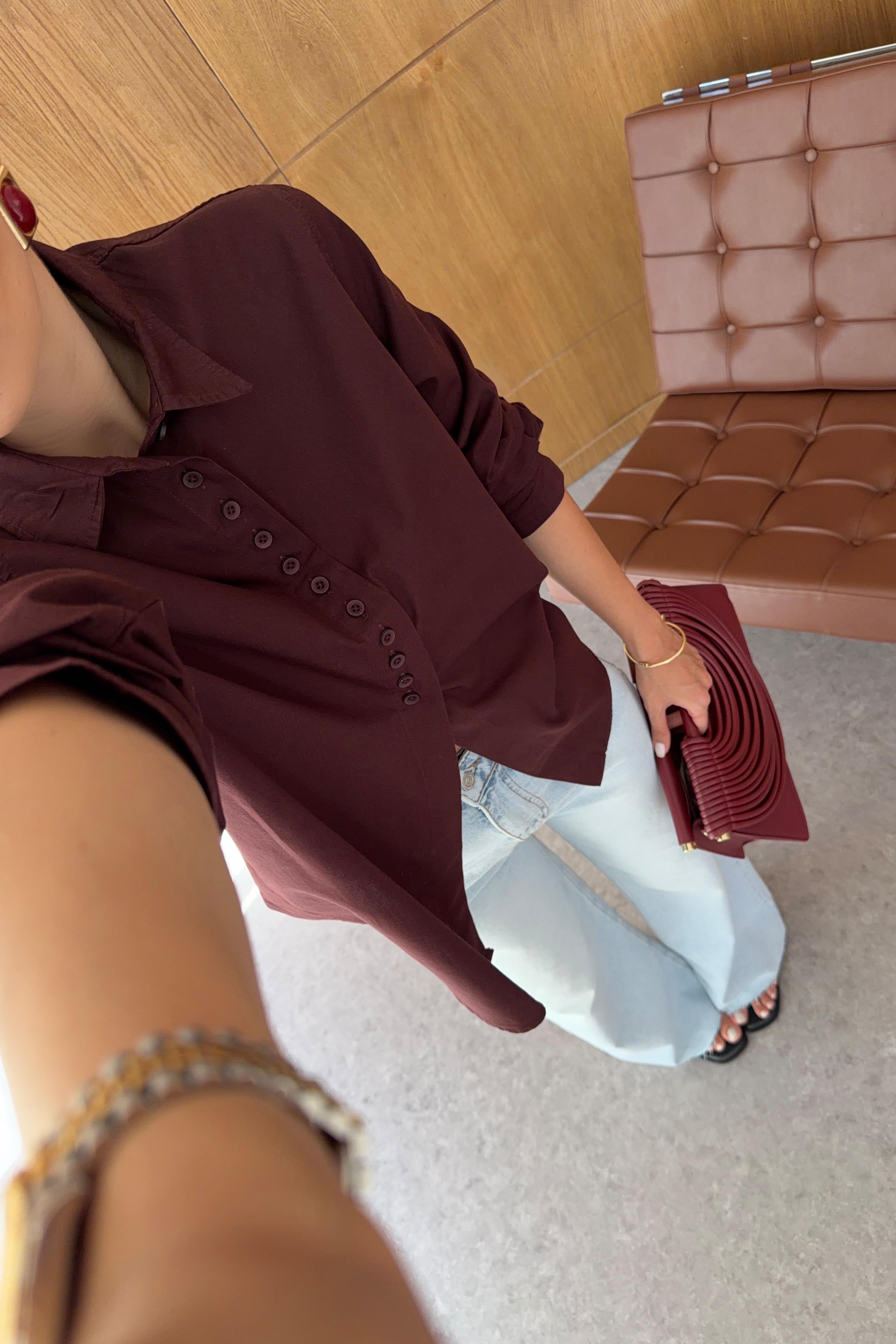 Düğme Detaylı Bordo Poplin Gömlek