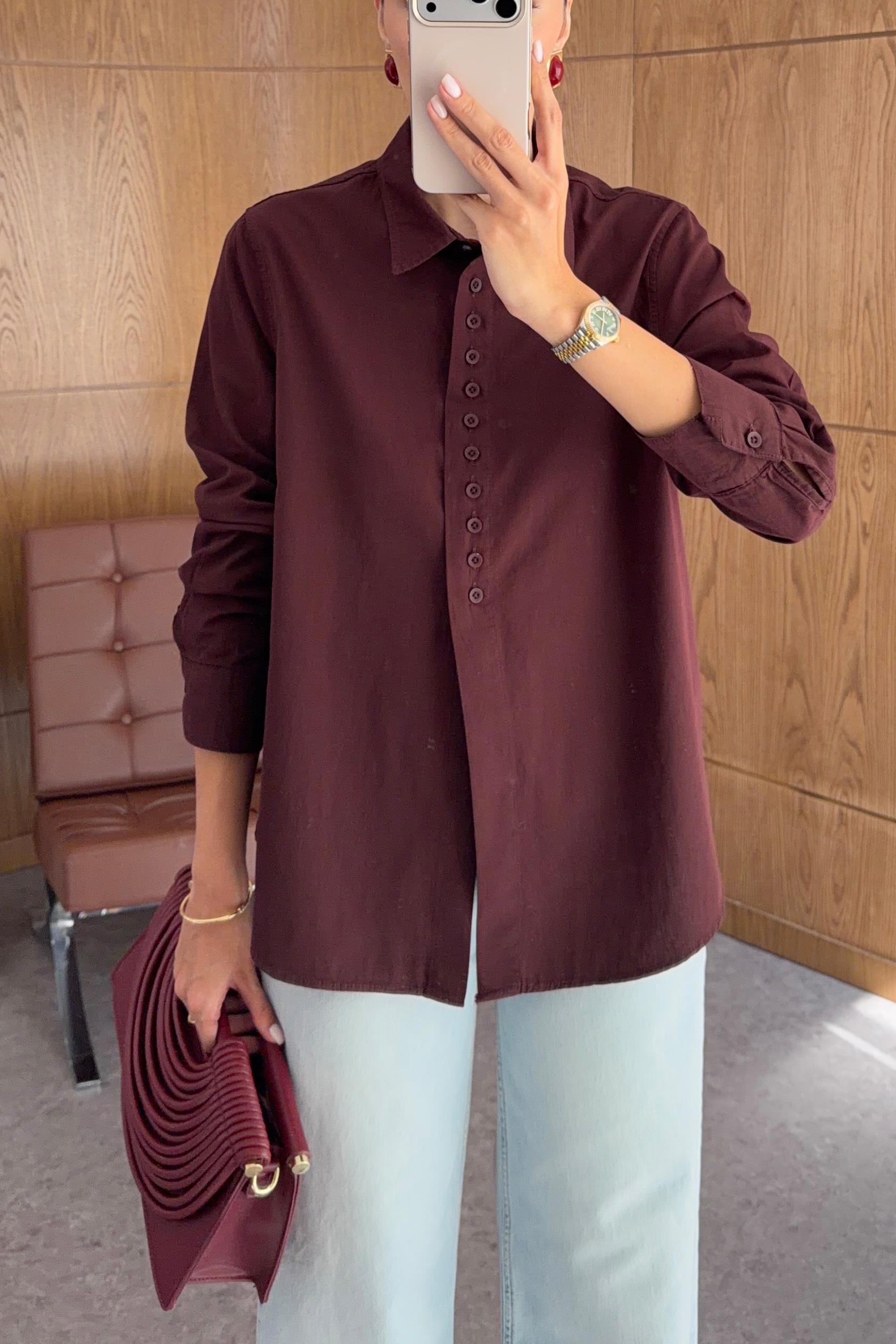 Düğme Detaylı Bordo Poplin Gömlek