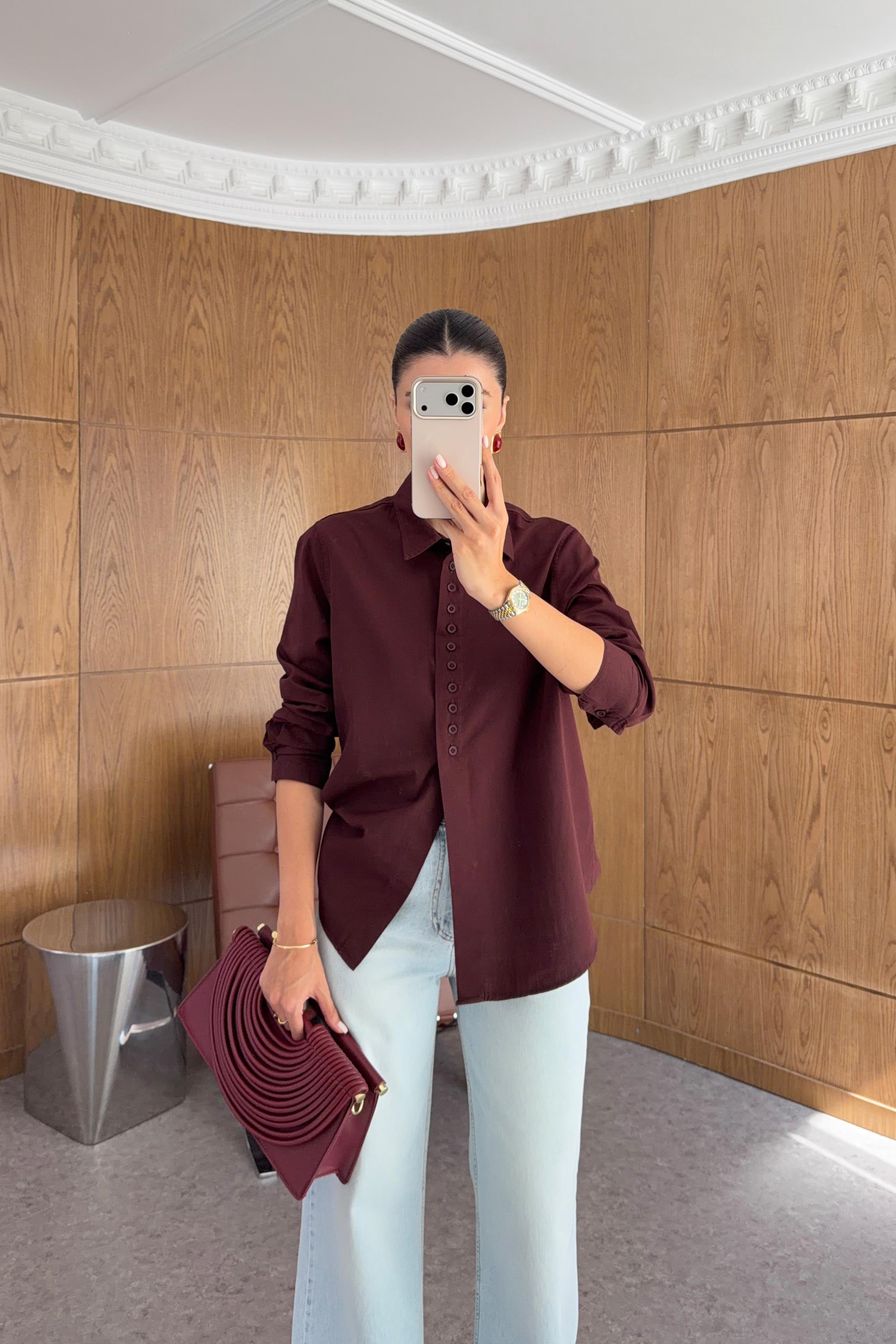 Düğme Detaylı Bordo Poplin Gömlek