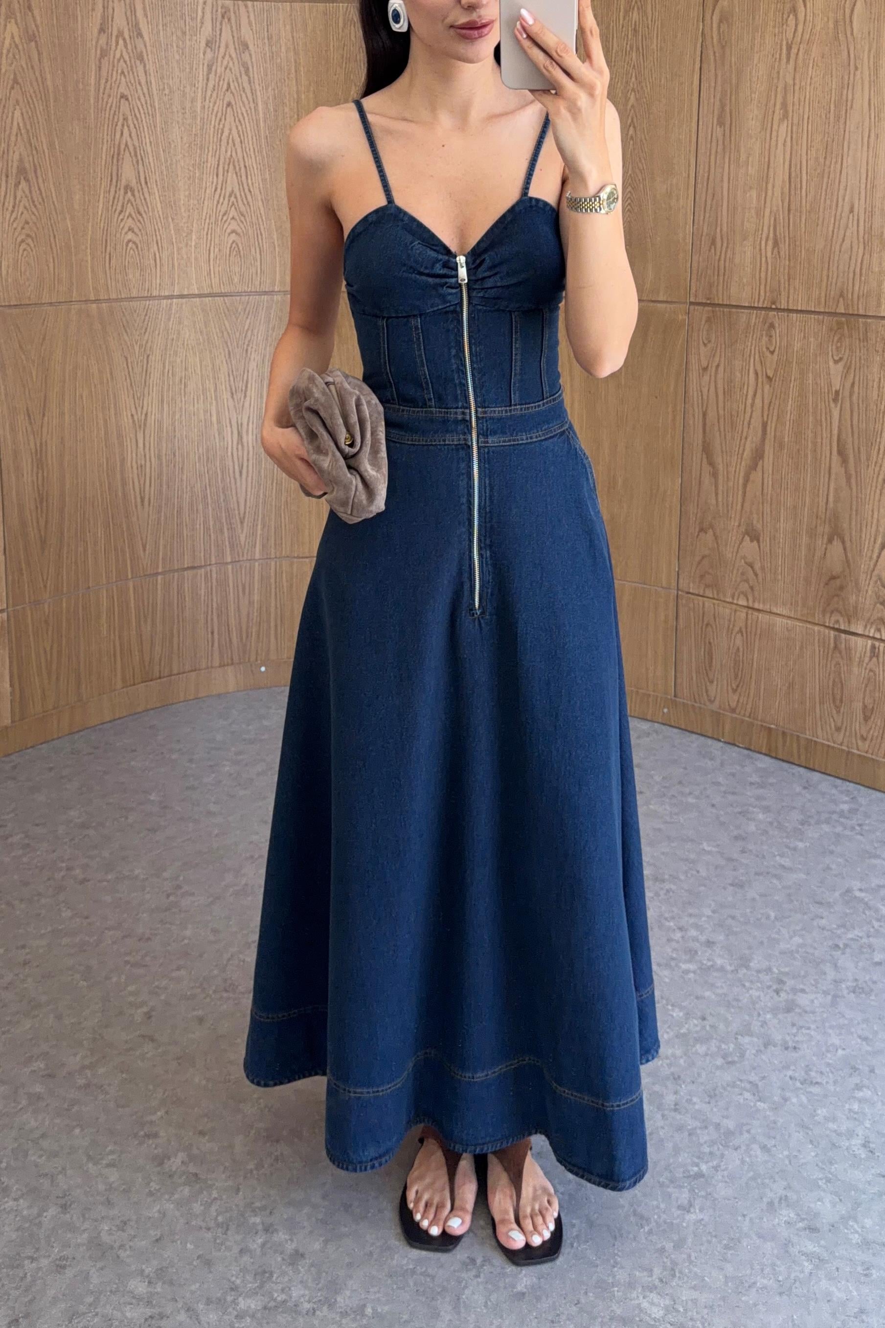 Fermuarlı Denim Elbise