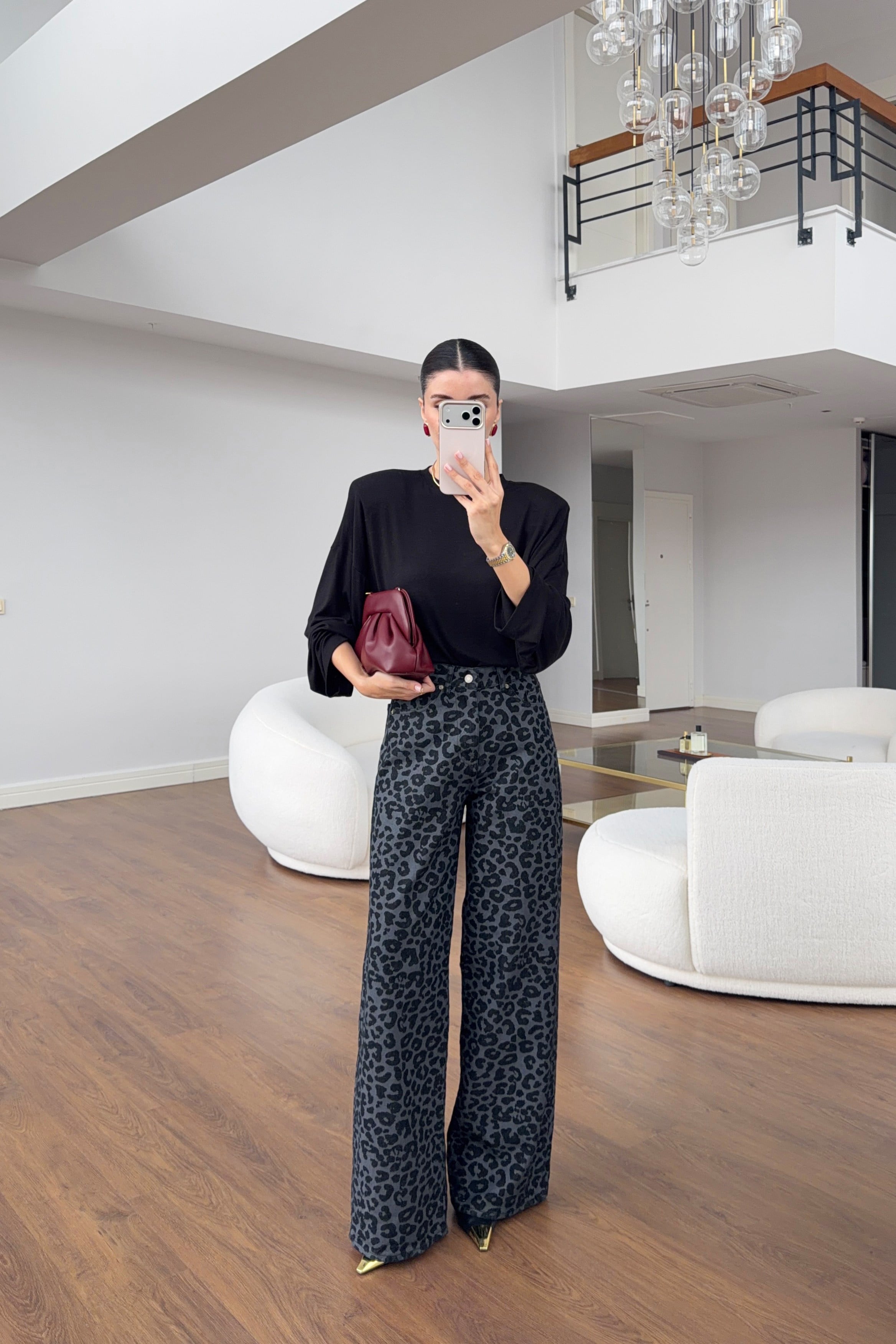Füme Leopar Desen Yüksek Bel Wide Leg Denim