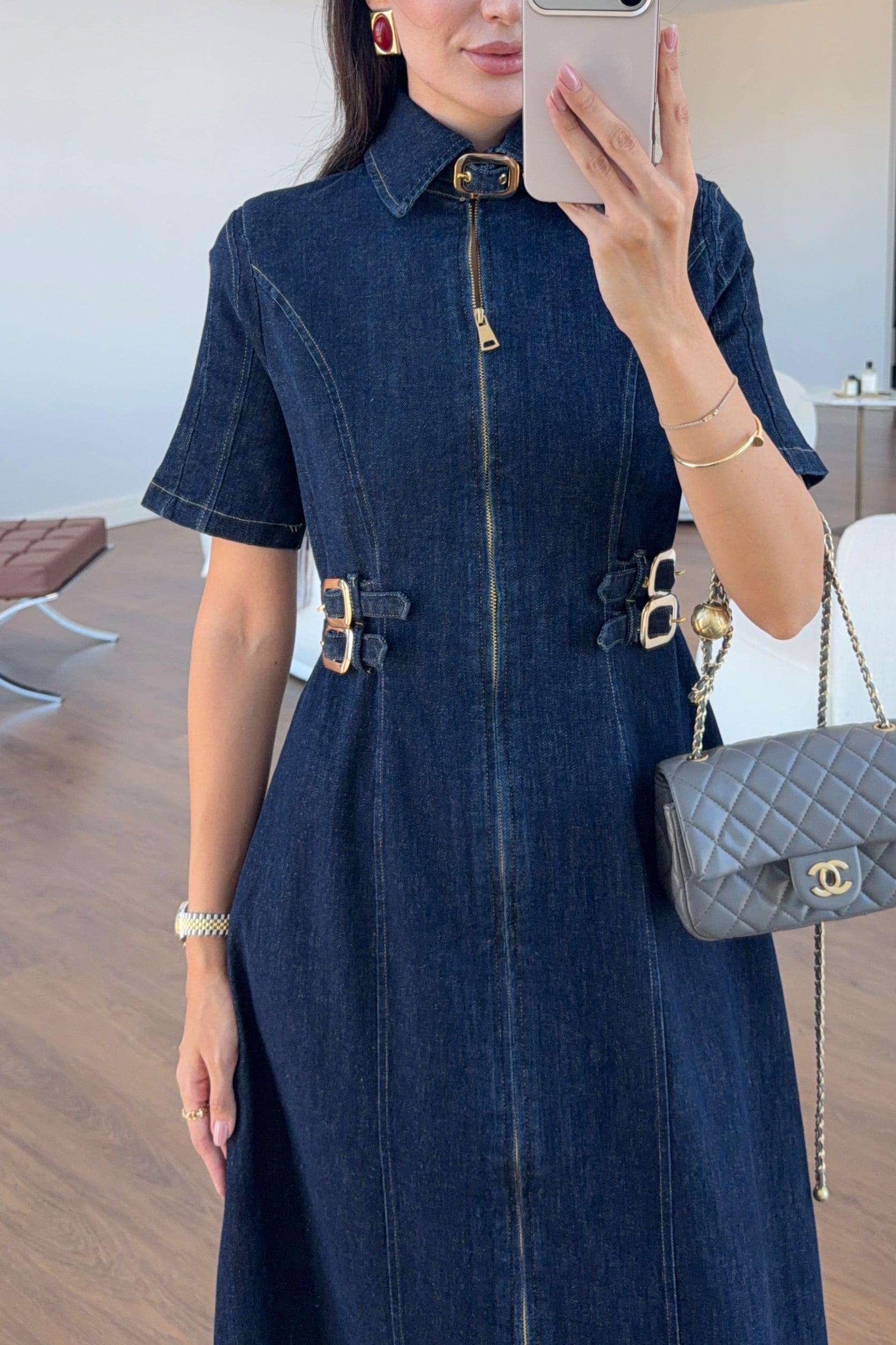 Gold Detaylı Likralı Denim Elbise