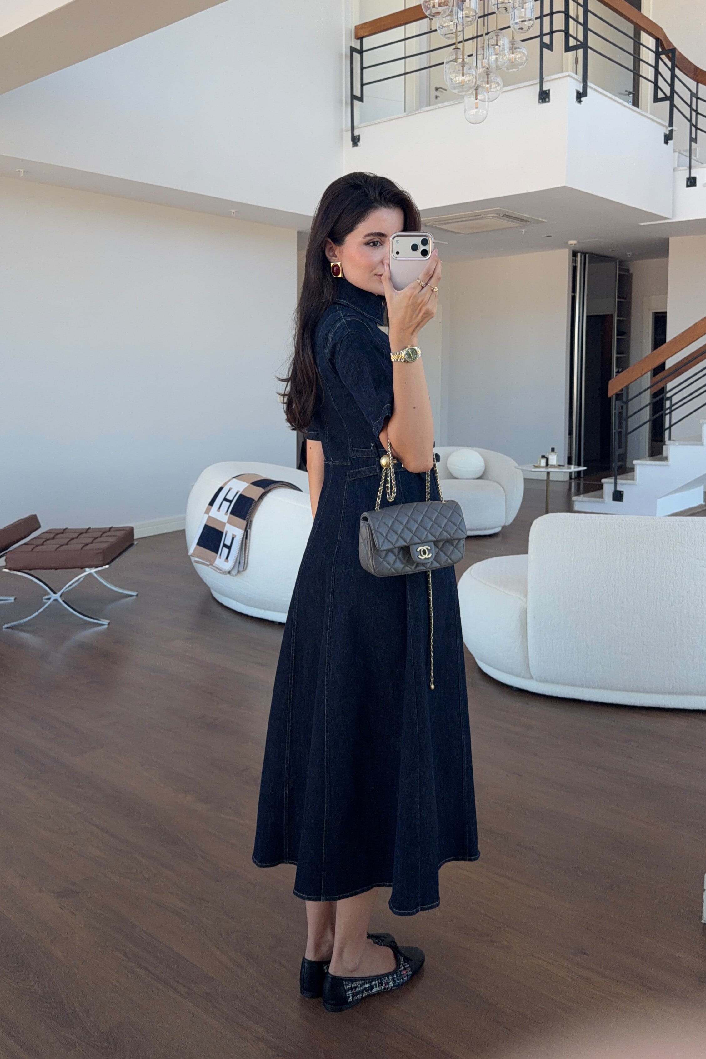 Gold Detaylı Likralı Denim Elbise