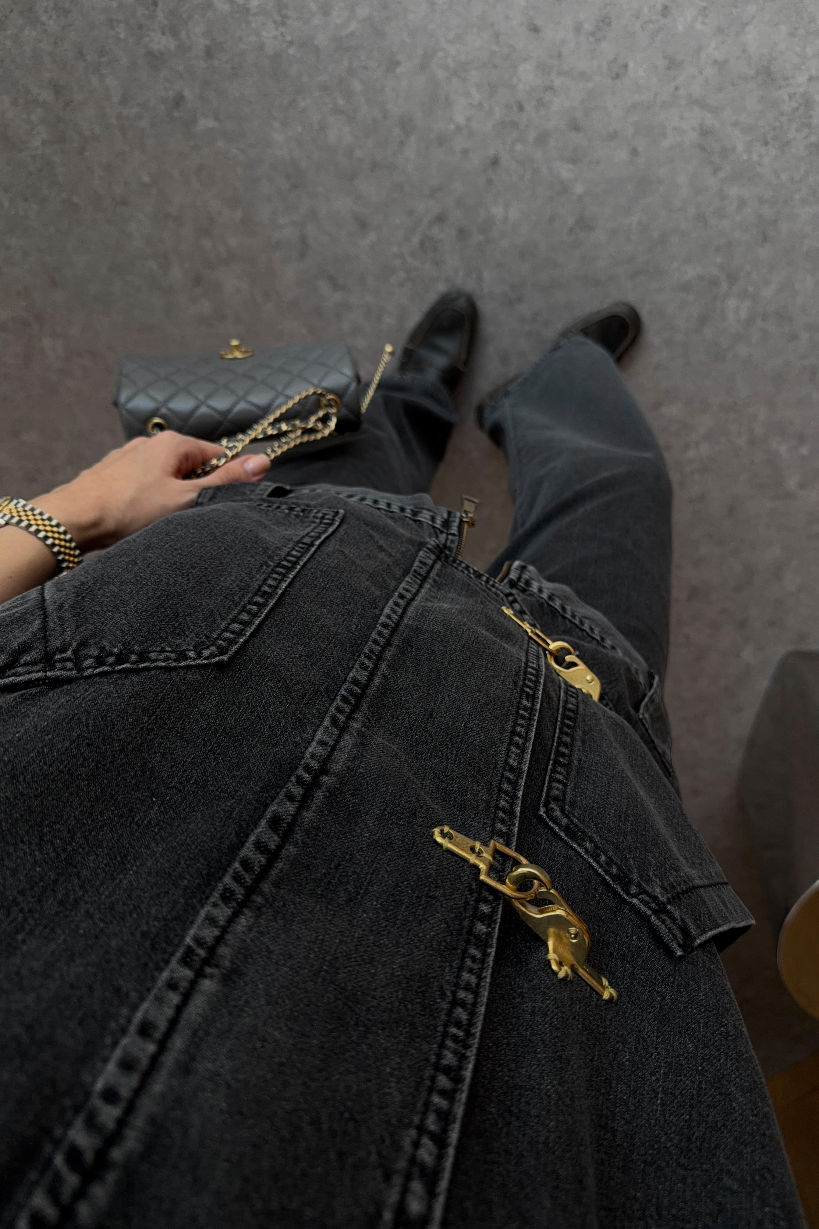 Gold Kancalı Gri Denim Ceket-Jean Takım