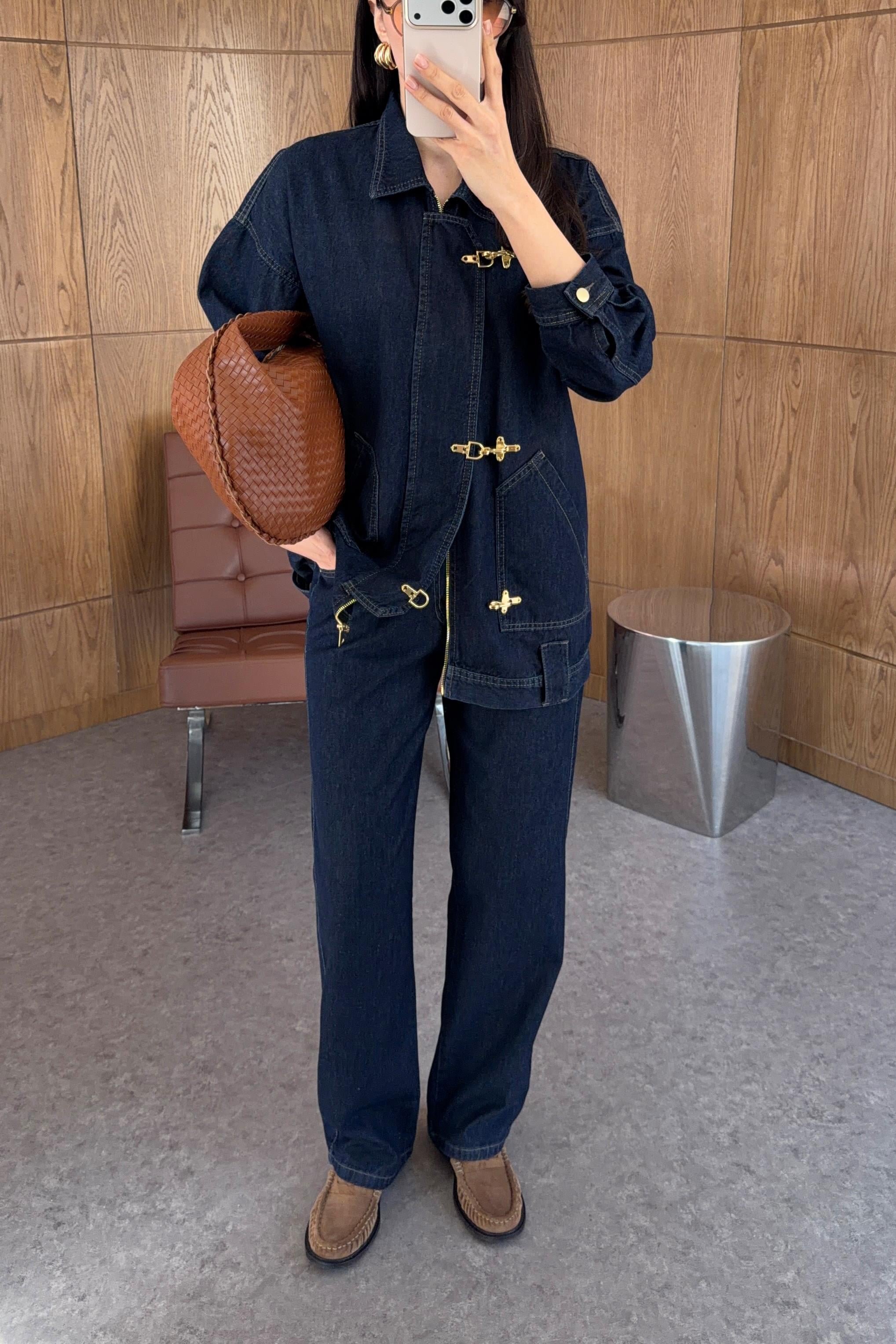 Gold Kancalı Lacivert Denim Ceket-Jean Takım