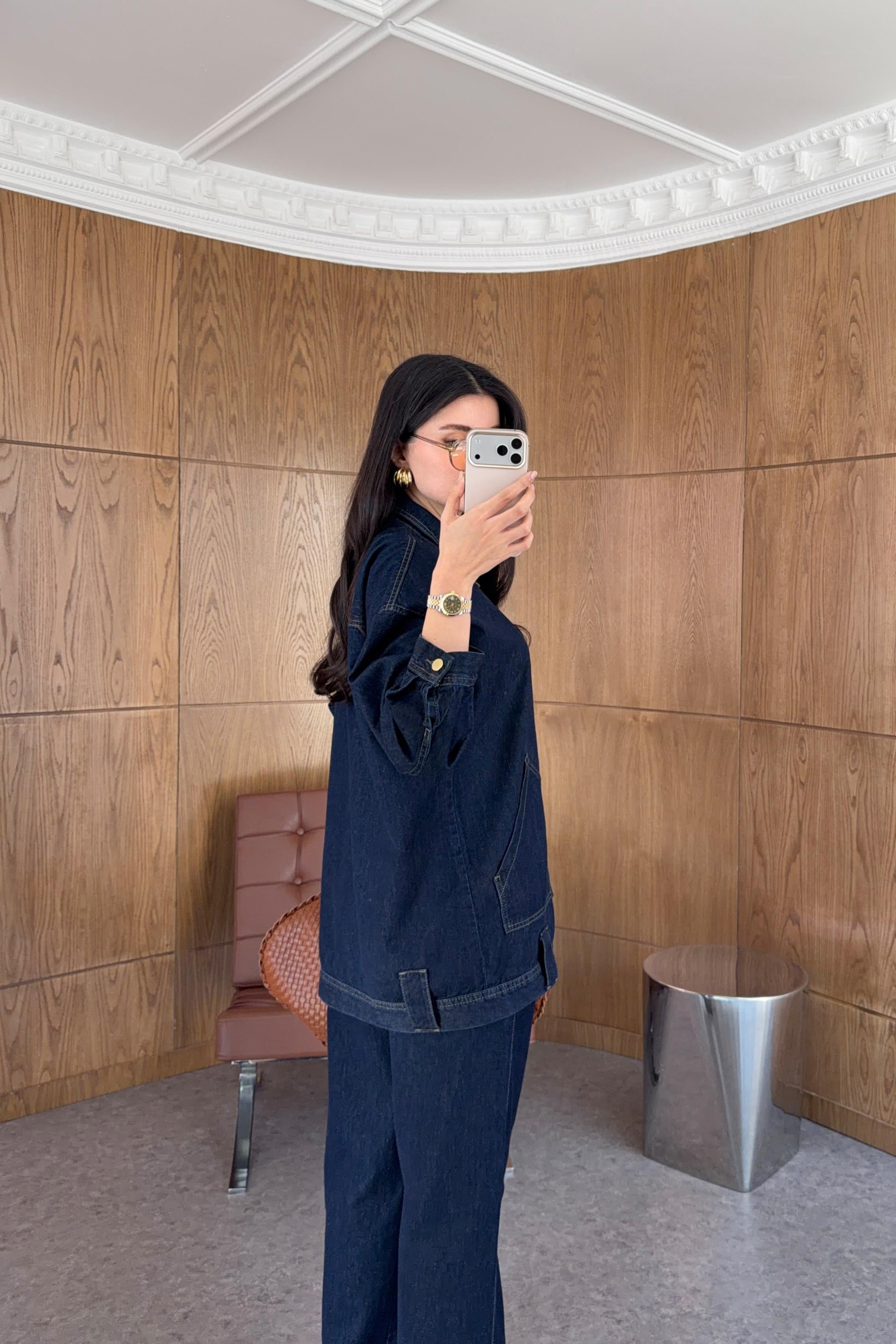 Gold Kancalı Lacivert Denim Ceket-Jean Takım