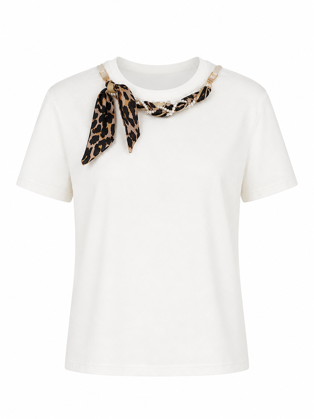 İnci Leopar Fularlı Beyaz Tshirt