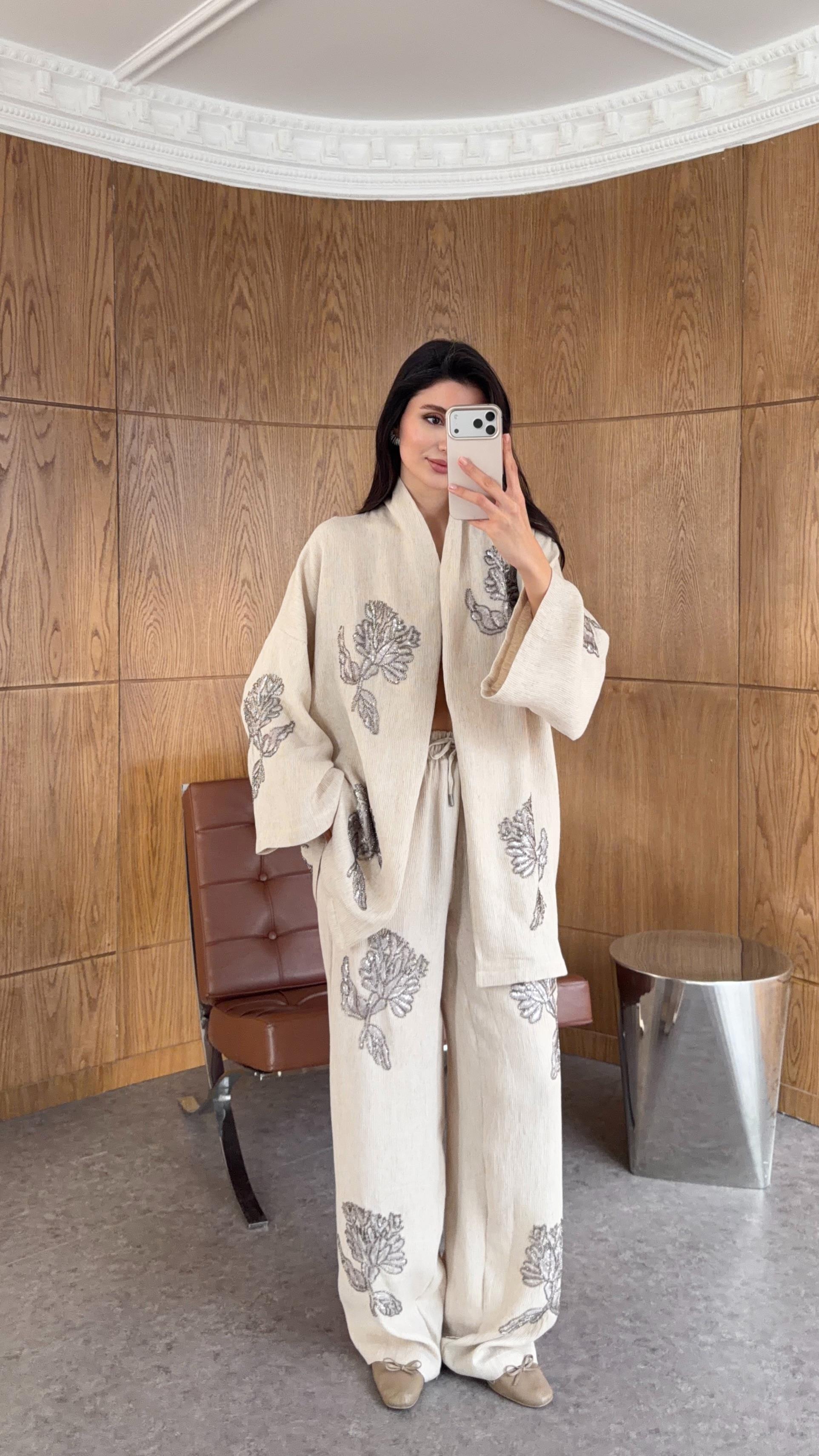 İşlemeli Boncuklu Naturel Premium Takım