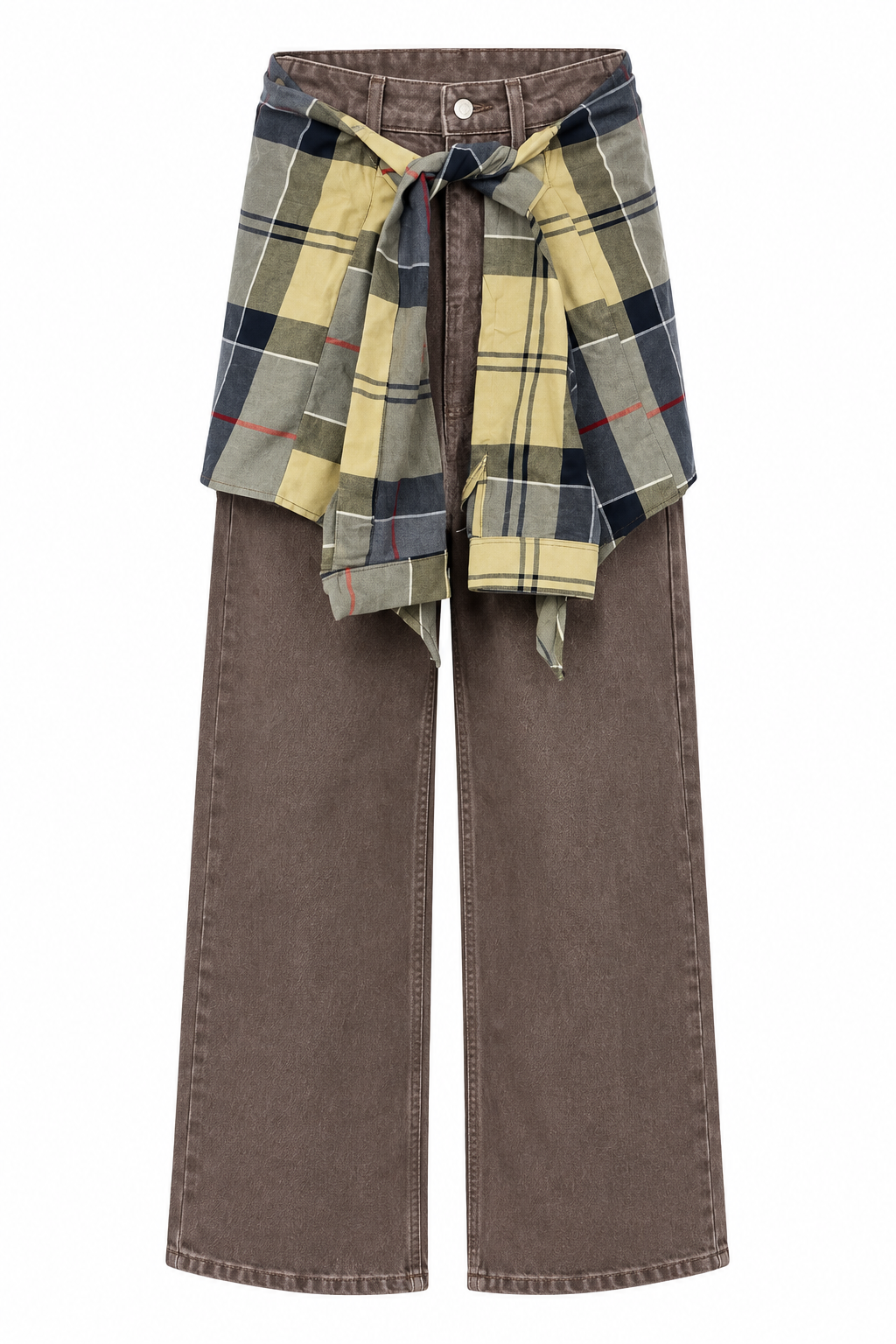 Kahverengi Ekose Kuşak Bağlamalı Wide Leg Jean