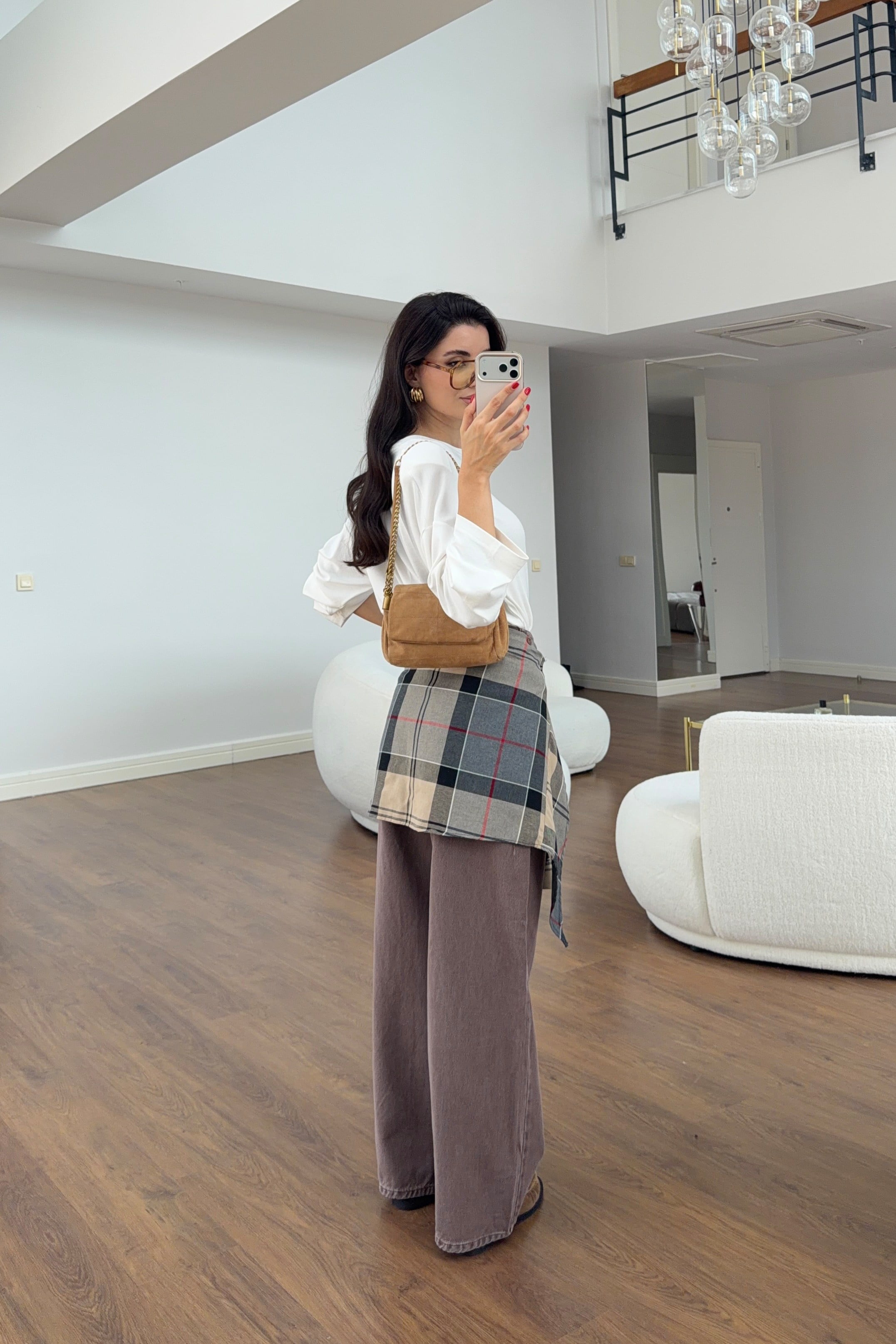 Kahverengi Ekose Kuşak Bağlamalı Wide Leg Jean