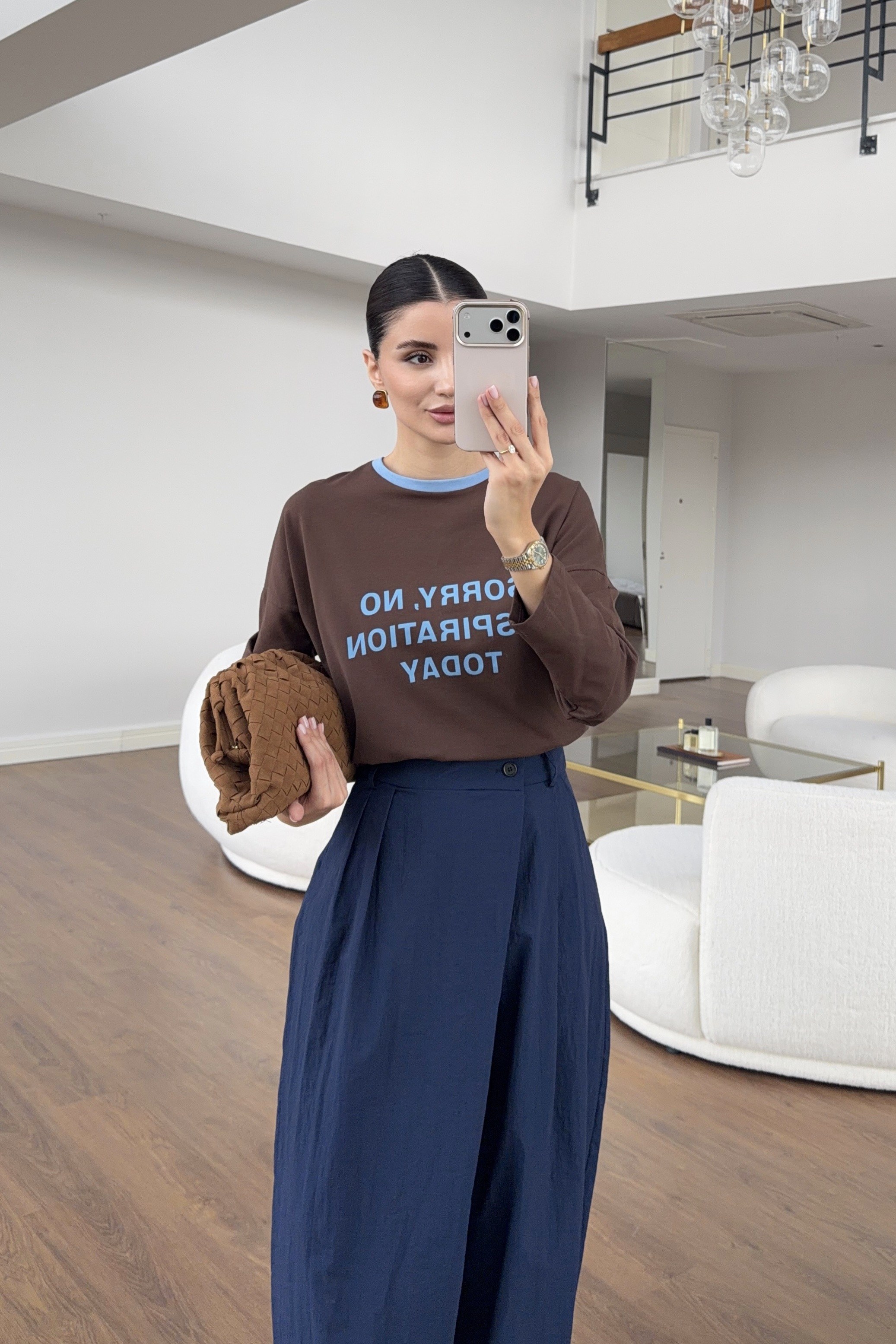 Kahverengi Kontrast Yaka Sorry Uzun Kol Tshirt