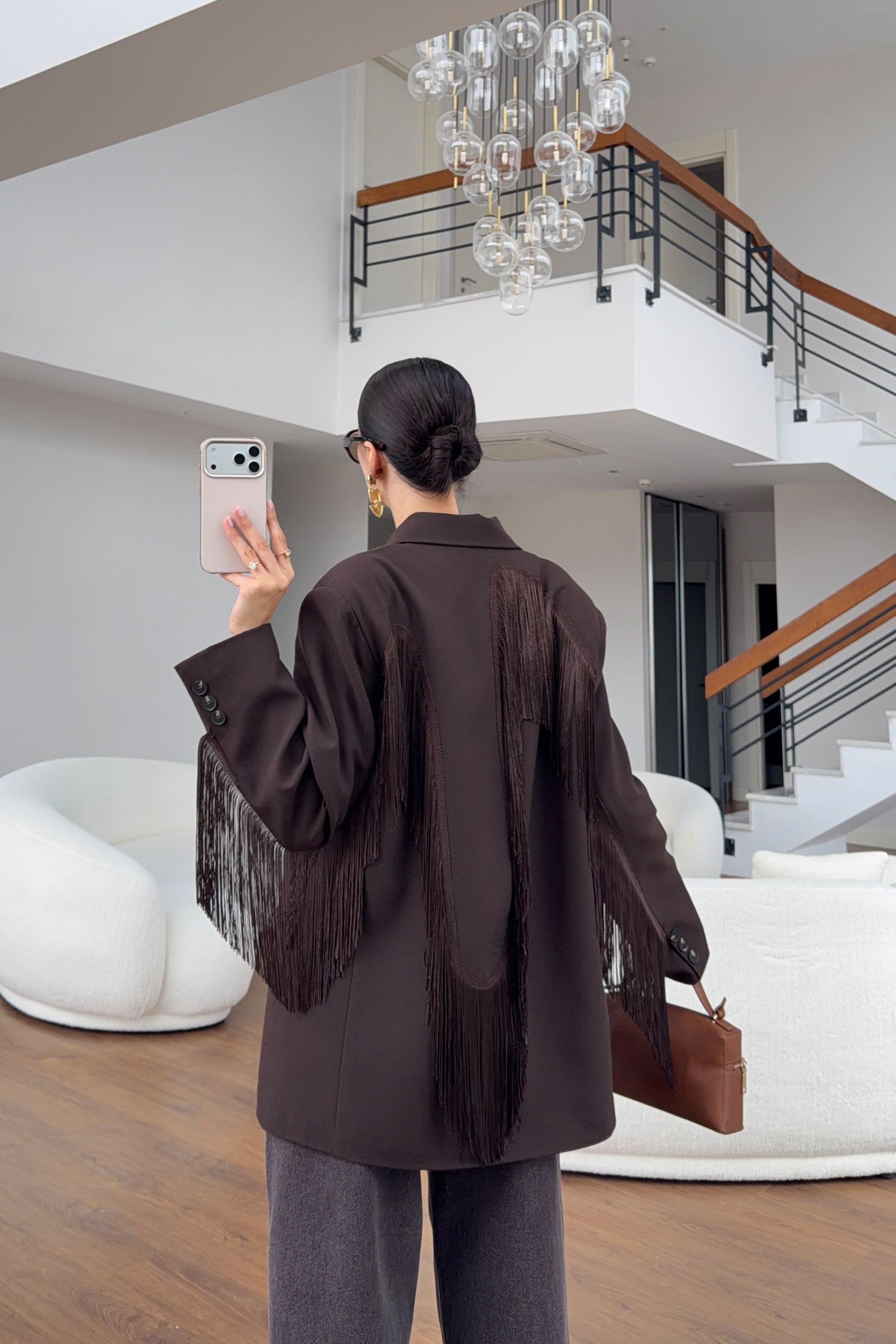 Kahverengi Püskül Detaylı Oversize Blazer Ceket
