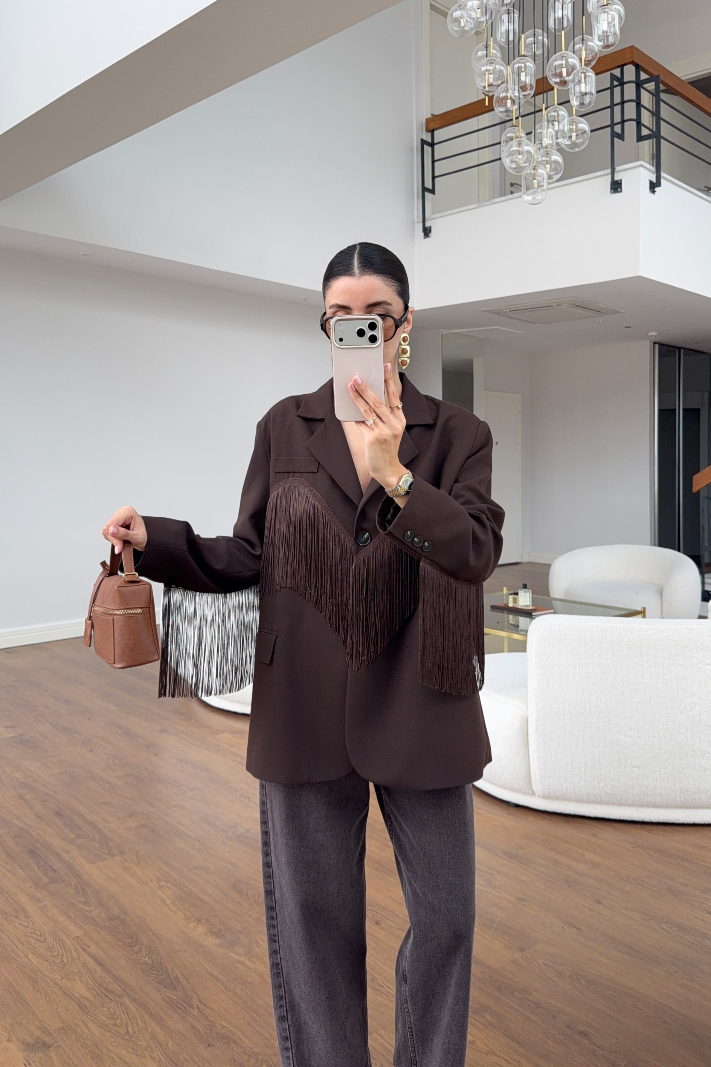 Kahverengi Püskül Detaylı Oversize Blazer Ceket