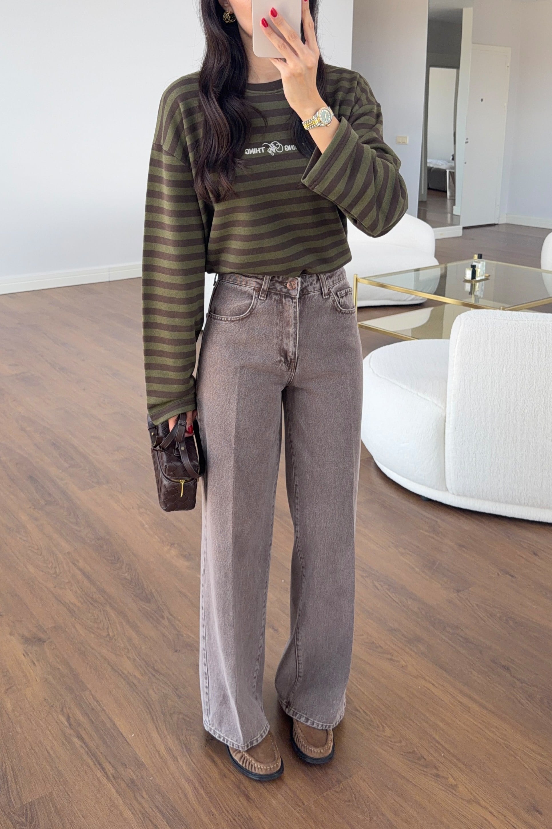 Kahverengi Yıkamalı Ütü İzli Wide Leg Jean