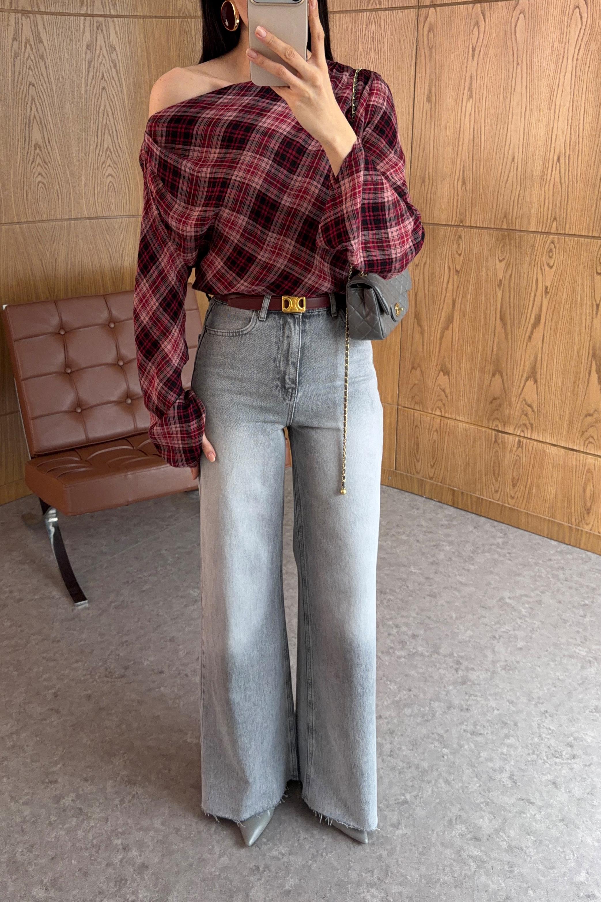 Kar Yıkama Gri Wide Leg Kesik Paça Jean
