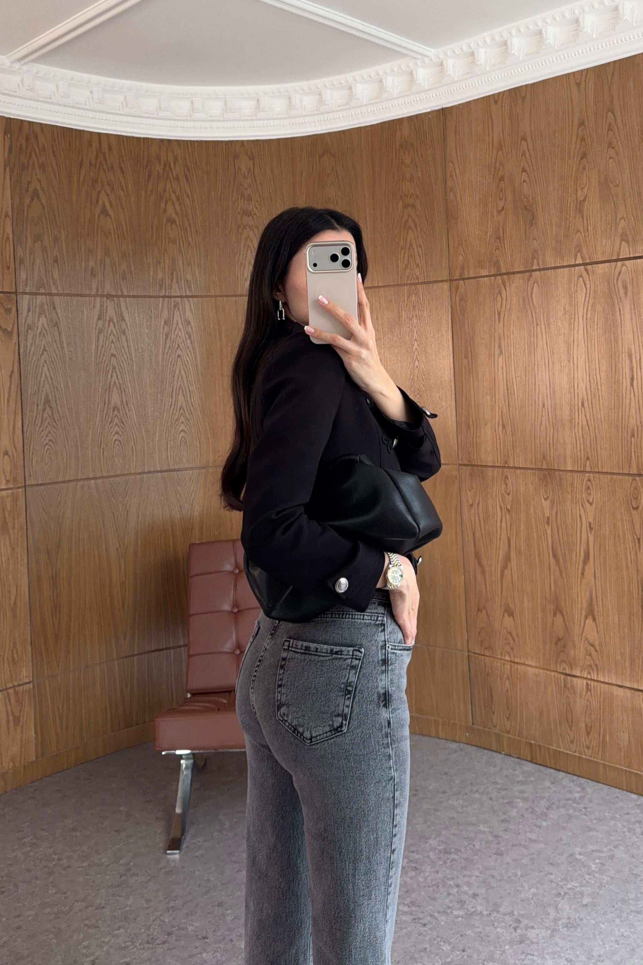 Kesik Paça Boyfit Füme Pantolon