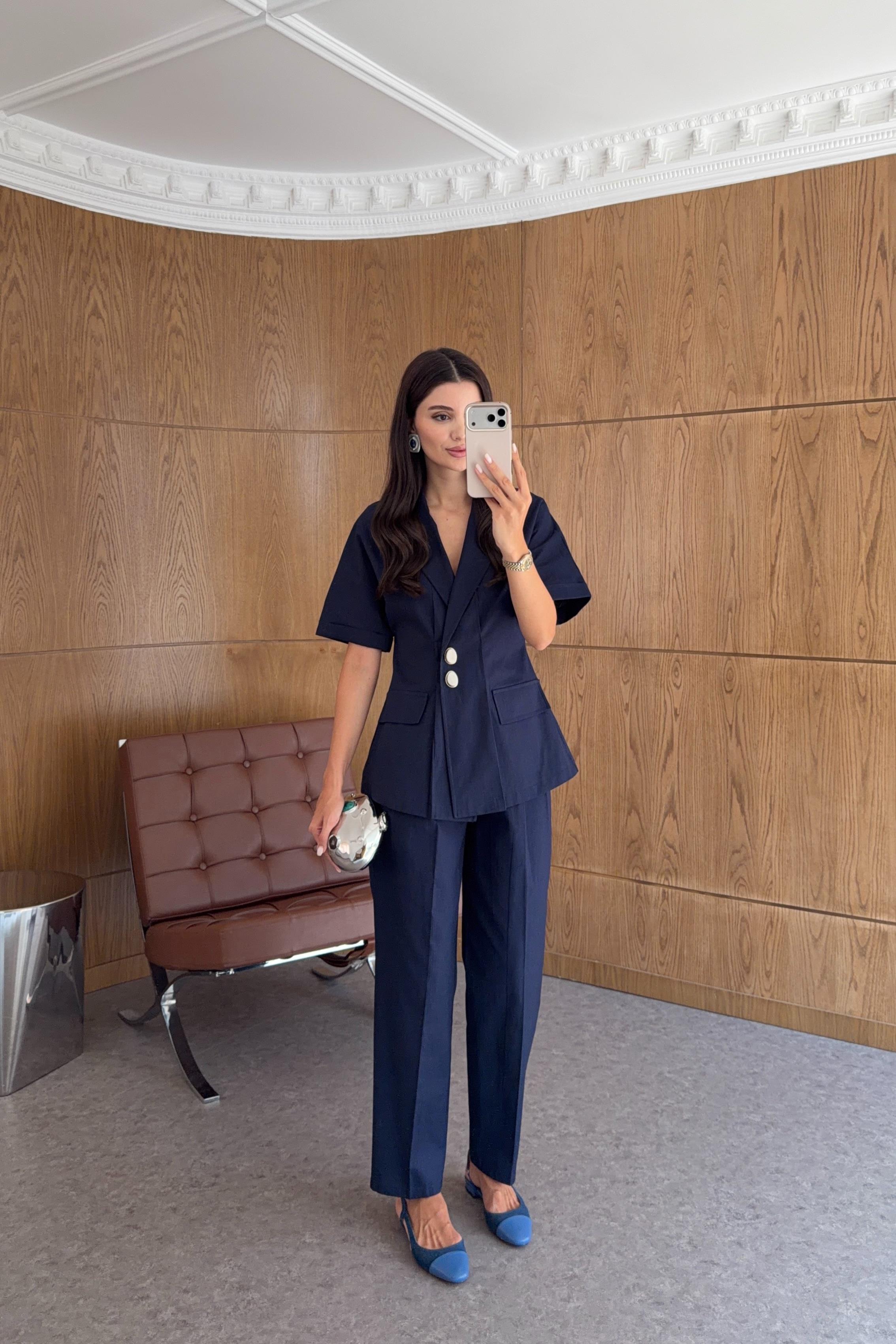Kısa Kollu Blazer-Pantolon Lacivert Takım