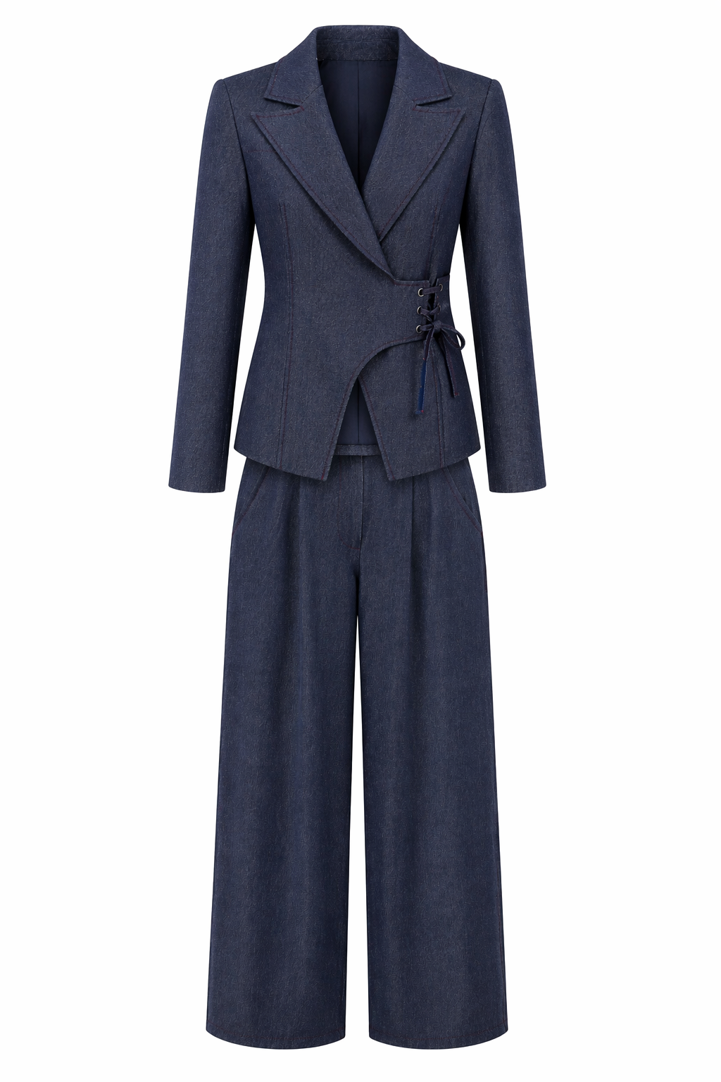 Kuş Gözü Detaylı Blazer-Palazzo Lacivert Takım