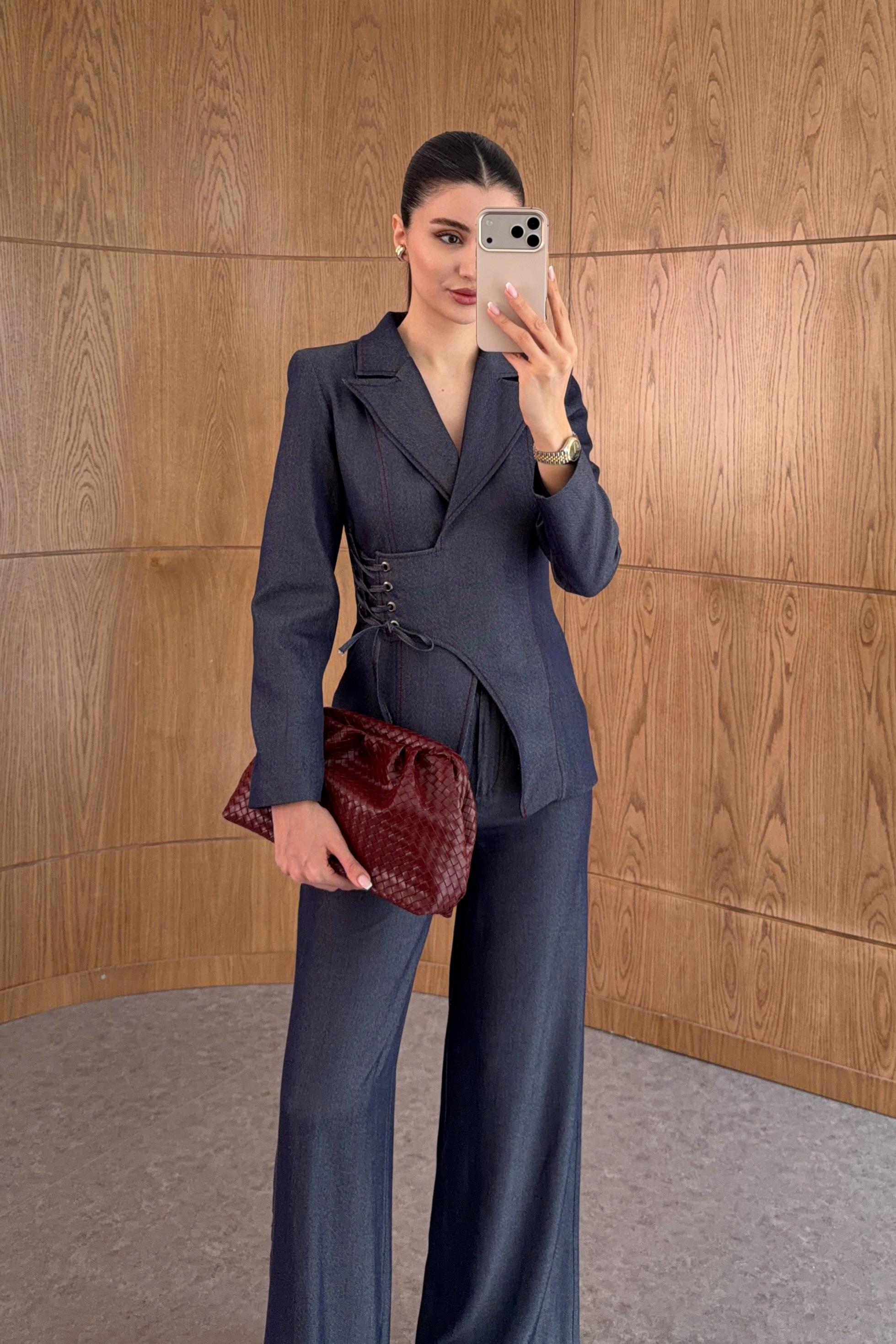 Kuş Gözü Detaylı Blazer-Palazzo Lacivert Takım