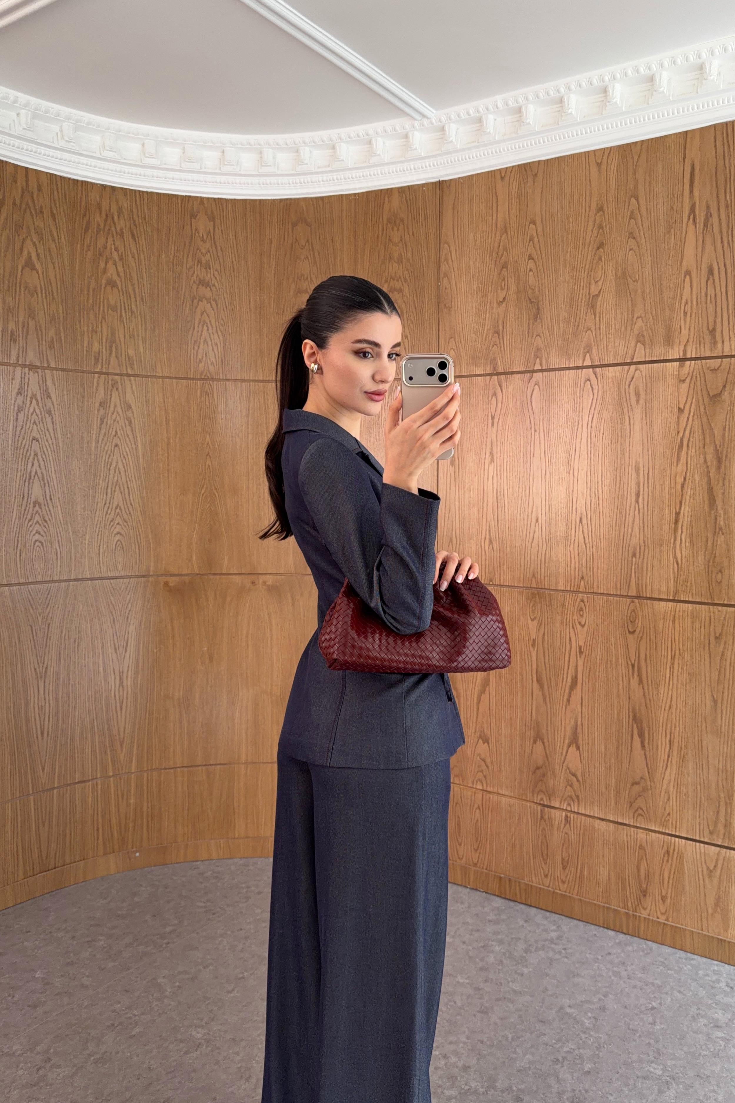 Kuş Gözü Detaylı Blazer-Palazzo Lacivert Takım