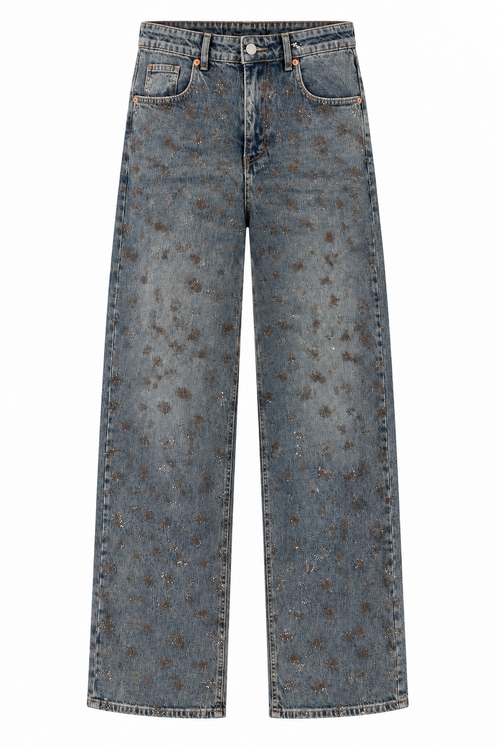 Leopar Taş İşlemeli Yıkamalı Straight Denim
