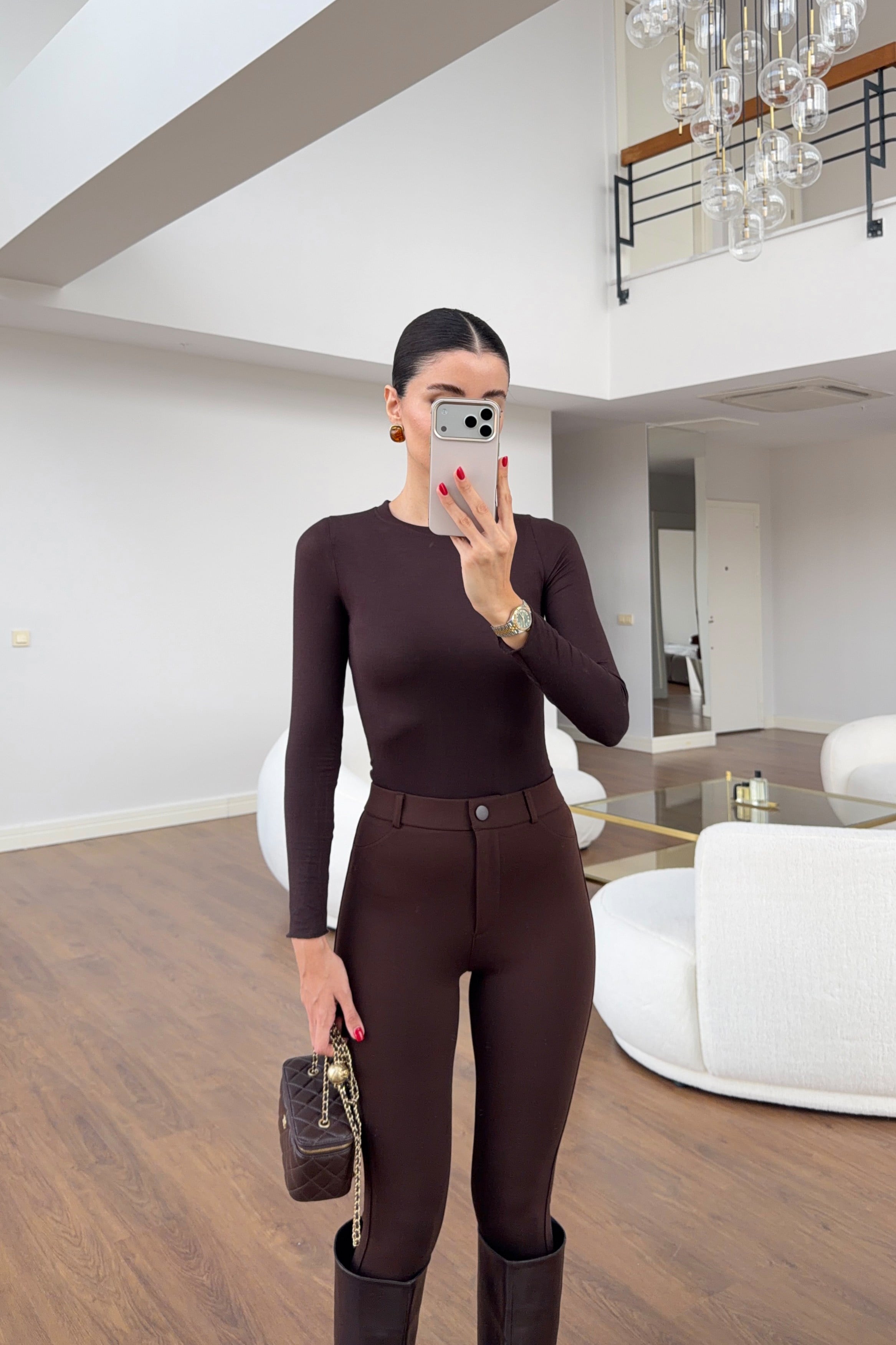 Likralı Basic Kahve Bluz
