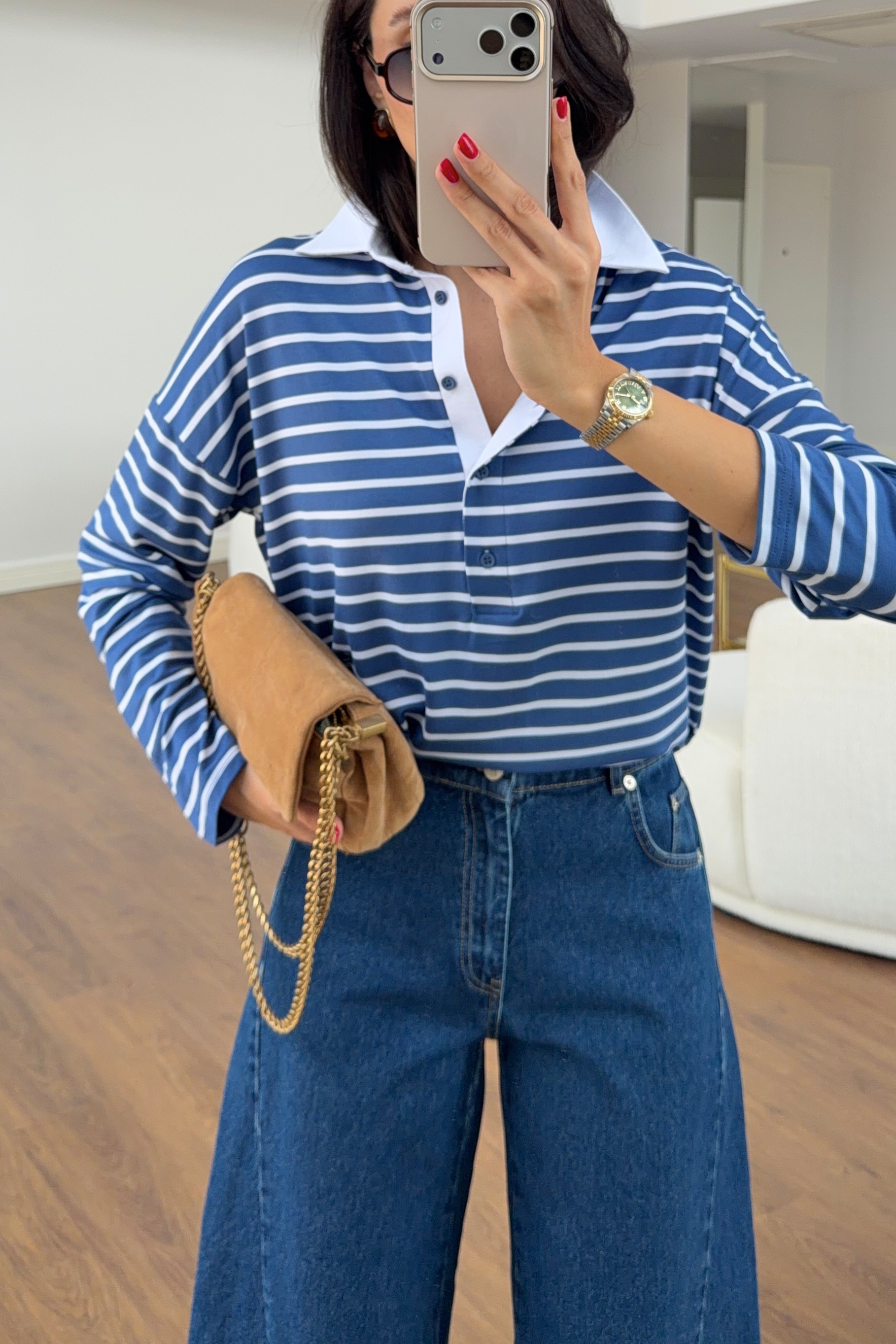 Mavi Çizgili Kontrast Polo Yaka Sweat