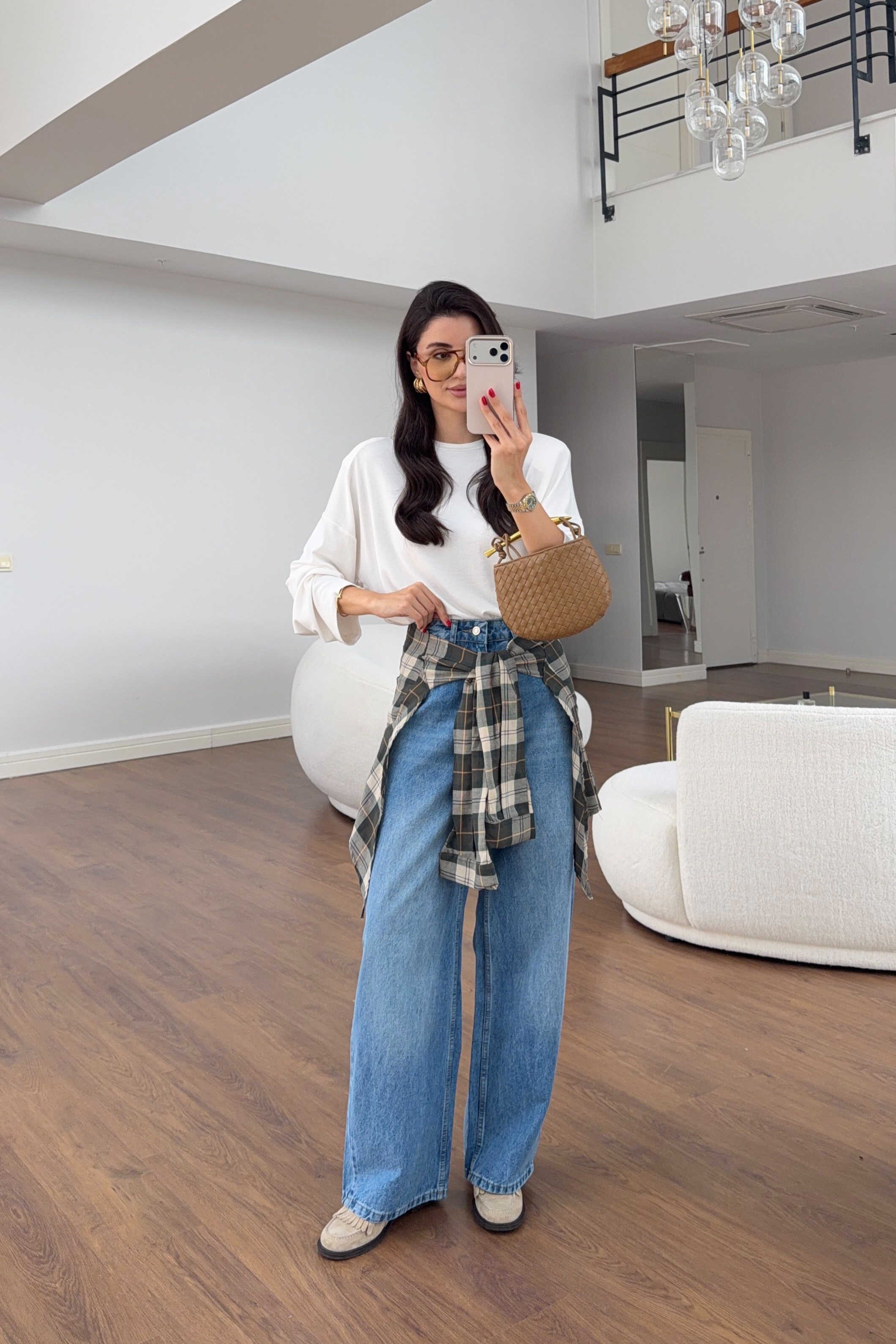Mavi Ekose Kuşak Bağlamalı Wide Leg Jean