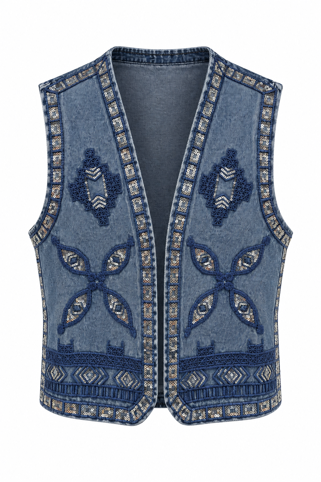 Mavi Payet ve Nakış İşlemeli Denim Yelek