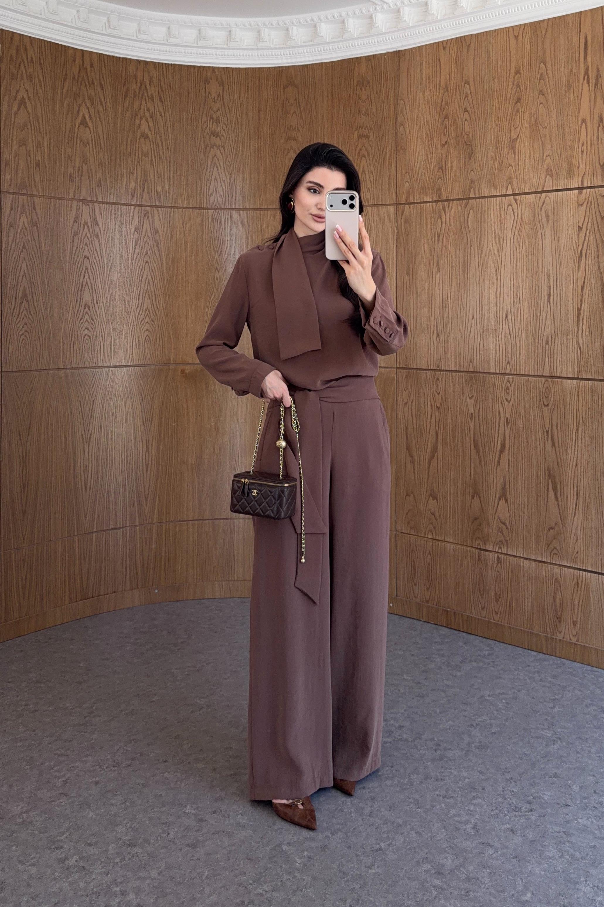Şallı Bluz-Pantolon Kahverengi Premium Takım