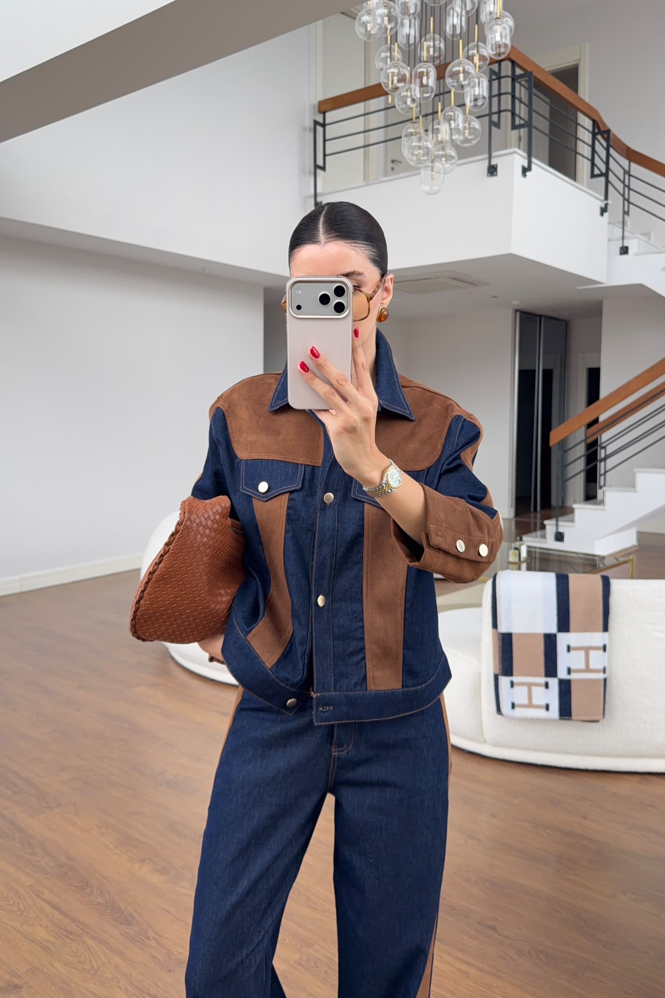 Süet Garnili Denim Takım