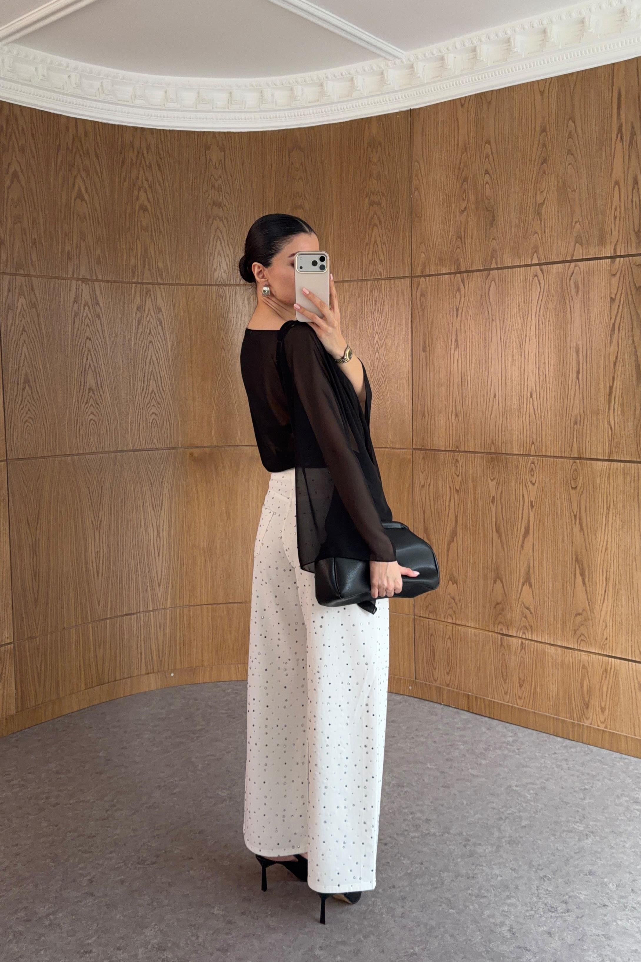 Taşlı Beyaz Wide Leg Jean