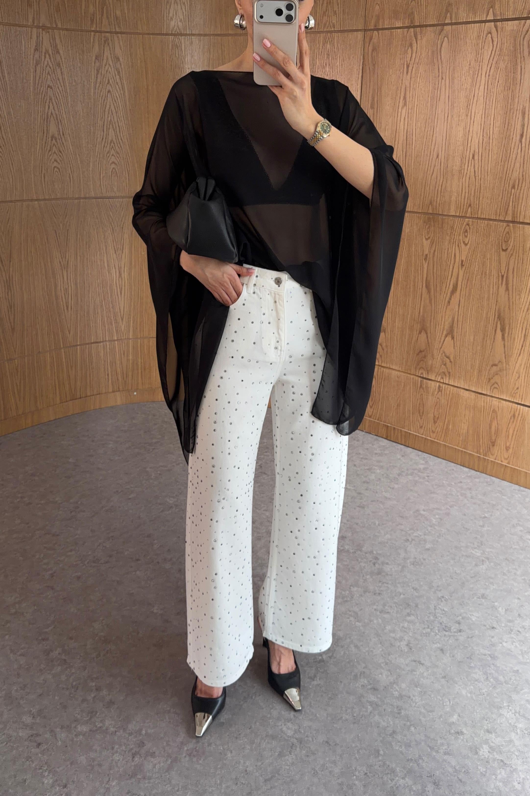 Taşlı Beyaz Wide Leg Jean