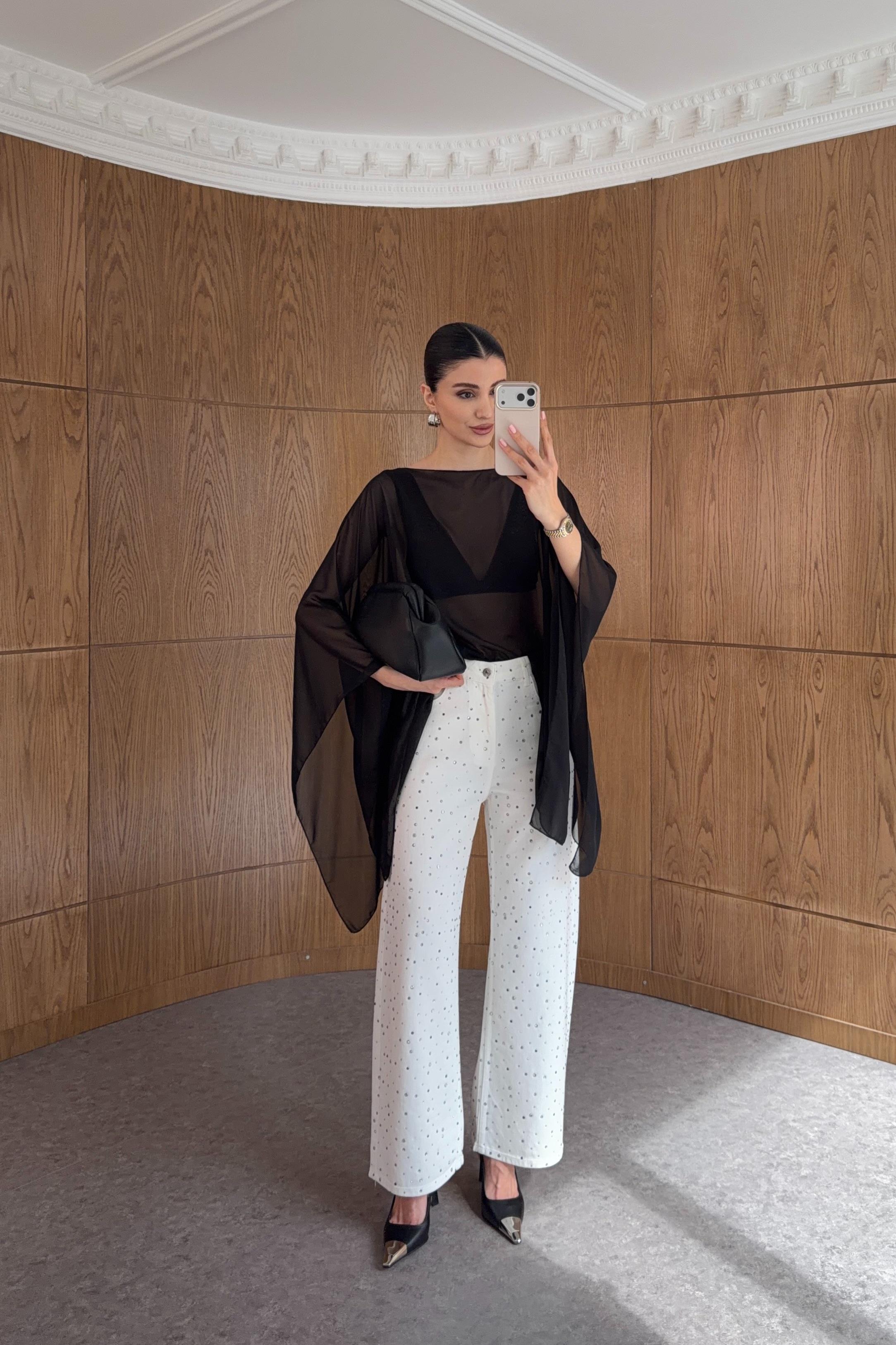 Taşlı Beyaz Wide Leg Jean