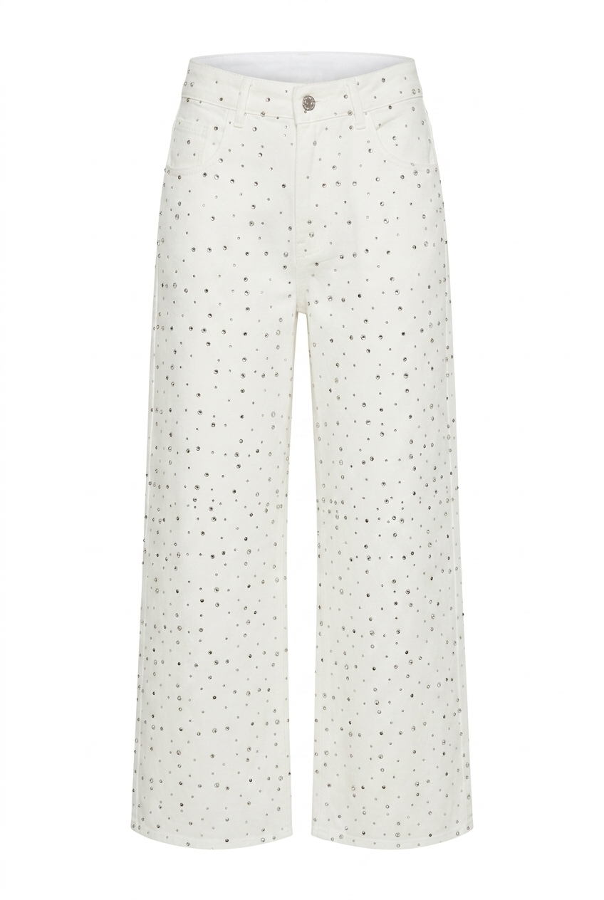 Taşlı Beyaz Wide Leg Jean