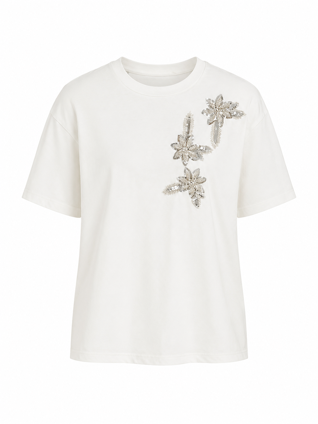 Üç Çiçek Taşlı Beyaz Tshirt