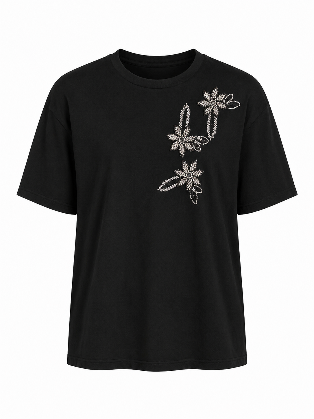 Üç Çiçek Taşlı Siyah Tshirt