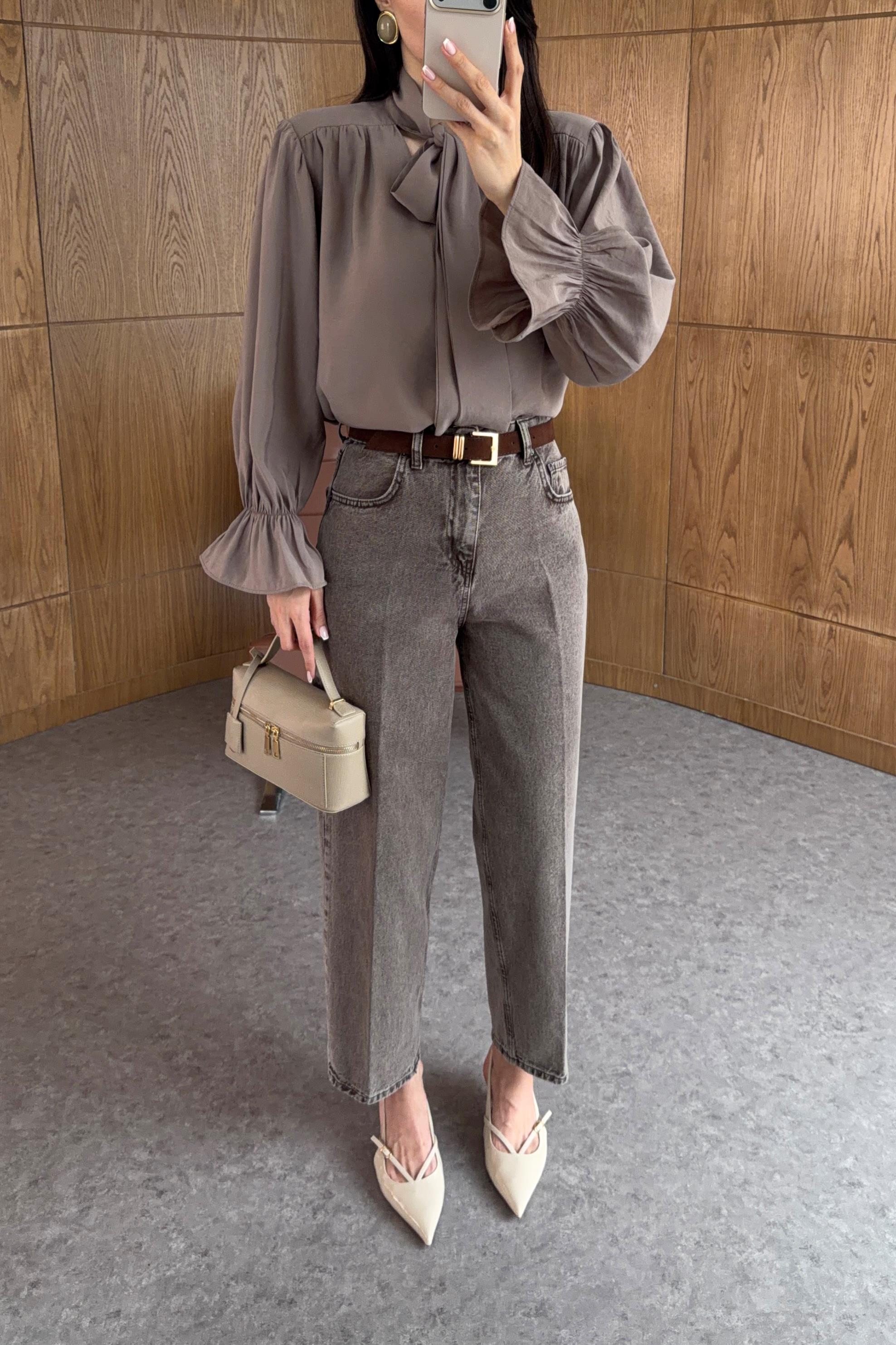 Ütü Çizgili Kemerli Skater Kahve Jean