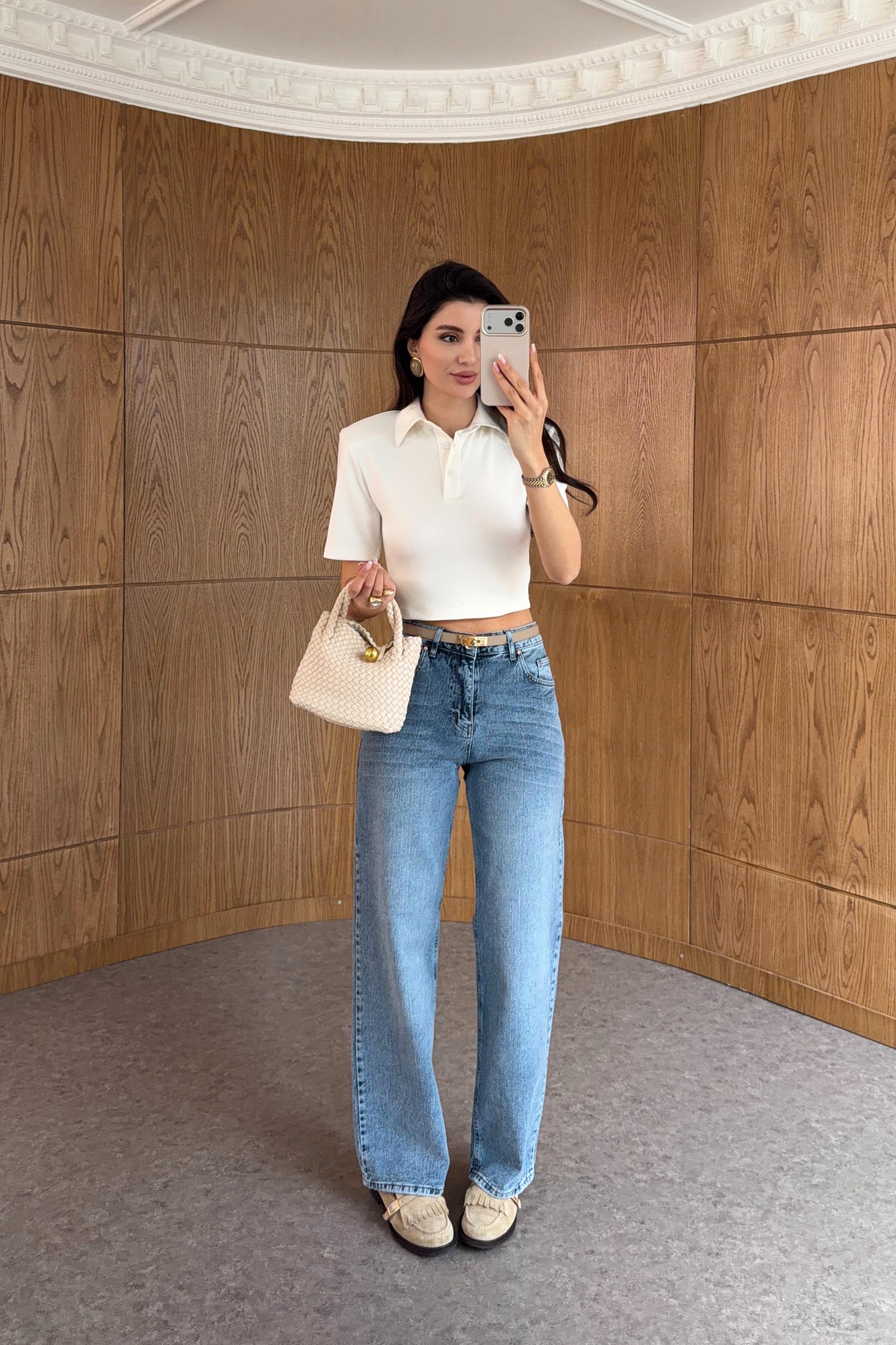 Yüksek Bel Yıkamalı Mavi Straight Jean