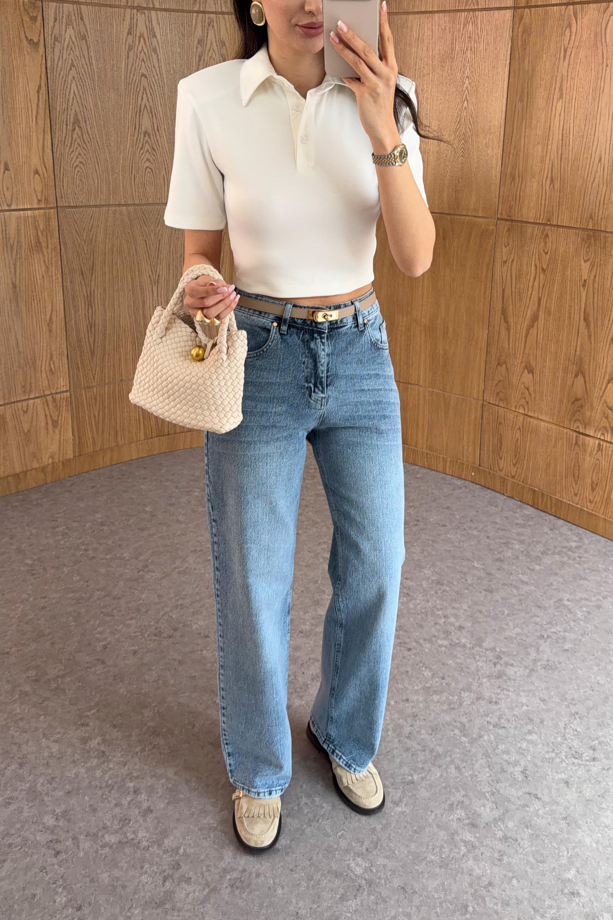 Yüksek Bel Yıkamalı Mavi Straight Jean