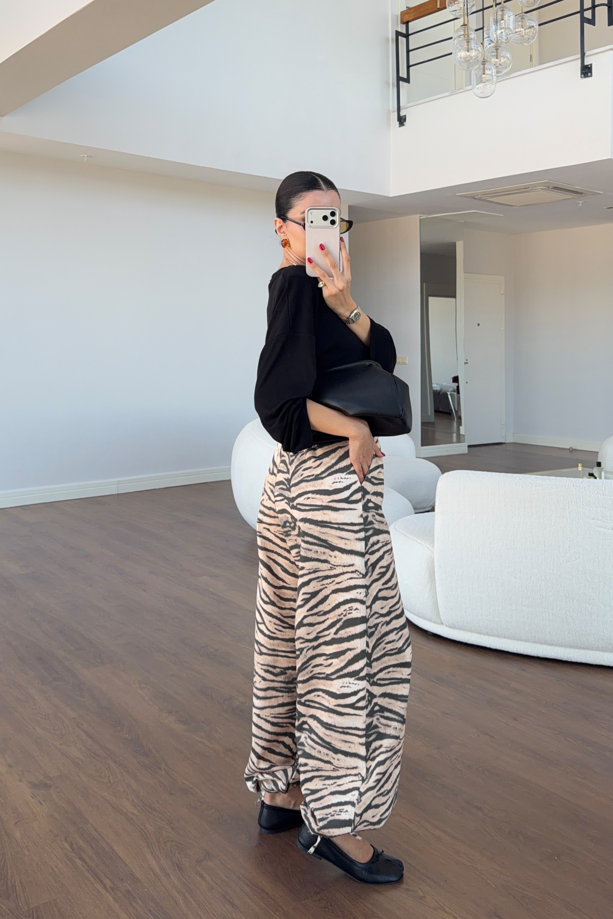 Zebra Desen Paça Büzgülü Gabardin Pantolon