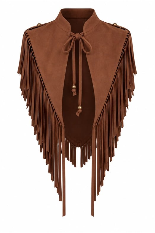  Taba Süet Püsküllü Crop Panço Bluz