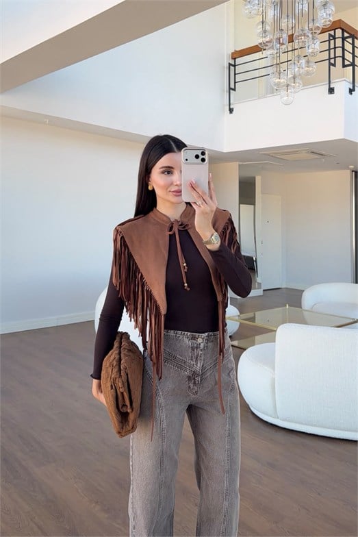  Taba Süet Püsküllü Crop Panço Bluz