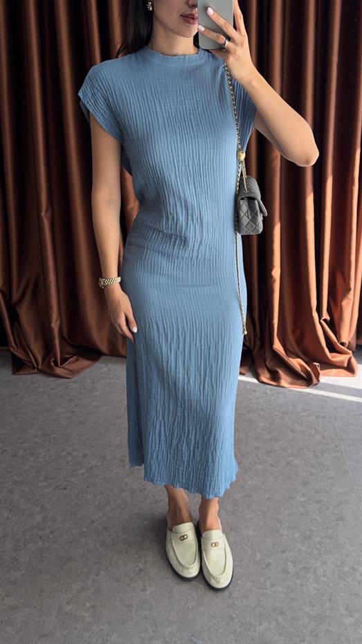 %100 Pamuk Mavi Müslin Elbise