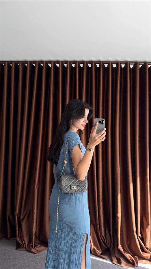 %100 Pamuk Mavi Müslin Elbise