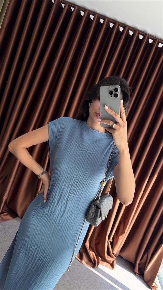 %100 Pamuk Mavi Müslin Elbise