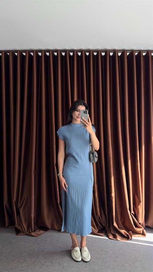 %100 Pamuk Mavi Müslin Elbise