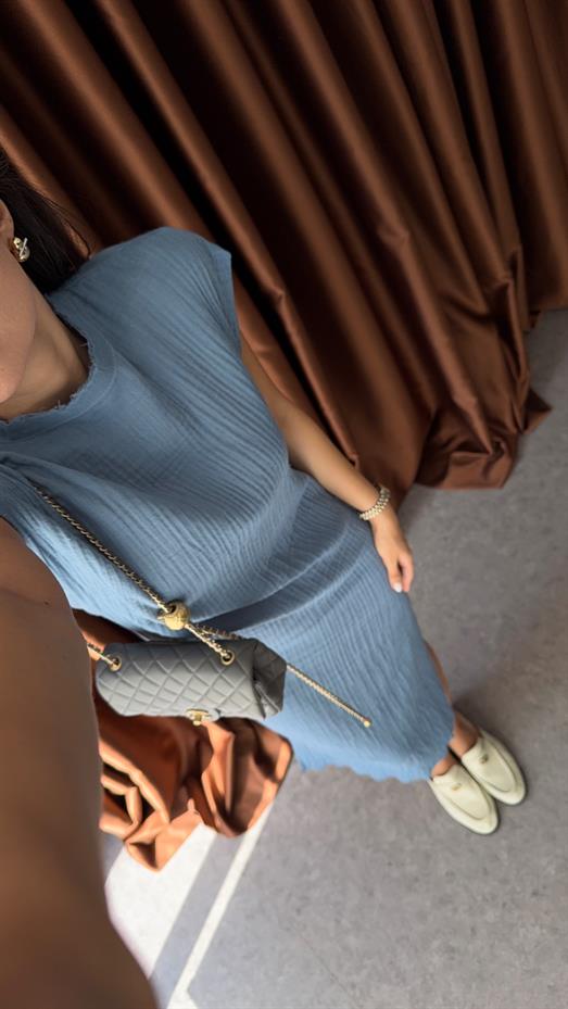 %100 Pamuk Mavi Müslin Elbise