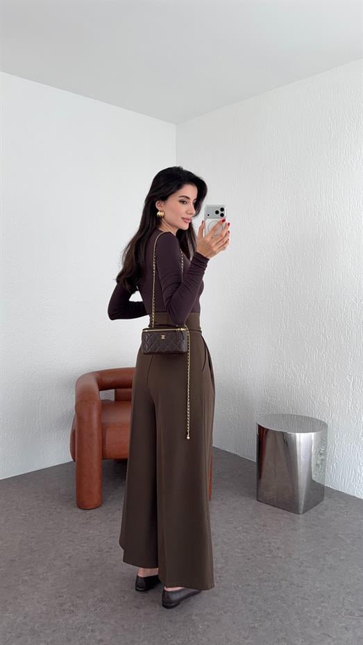 3 Düğmeli Ekstra Yüksek Bel Kahve Pantolon