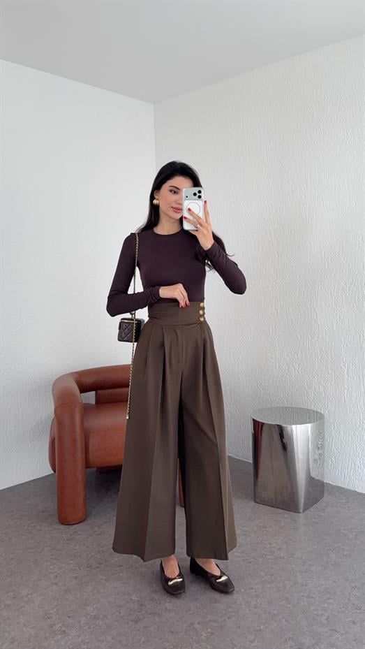 3 Düğmeli Ekstra Yüksek Bel Kahve Pantolon